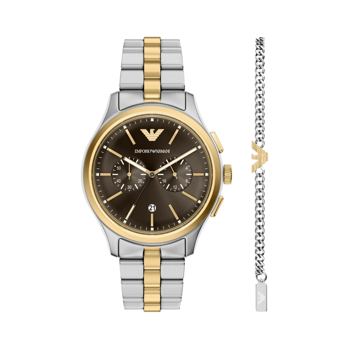 AR80084SET Emporio Armani Quartz Chronograph 42mm Two-Tone Stainless Steel Bracelet Set Brown Silver