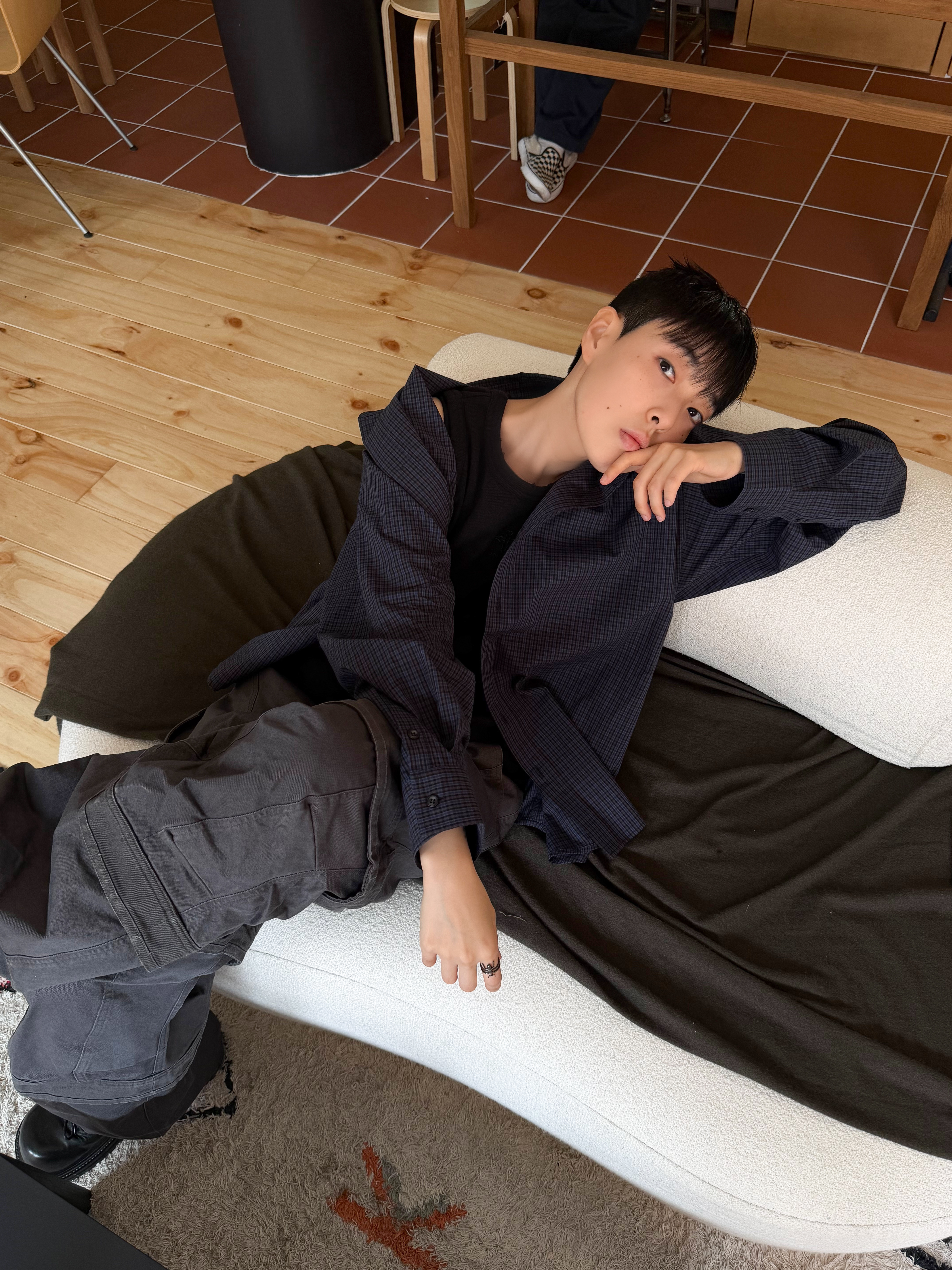 Hono Report Overfit Check Shirts Blue, farfromwhat far layered work pants_charcoal 착용 스타일 - 8