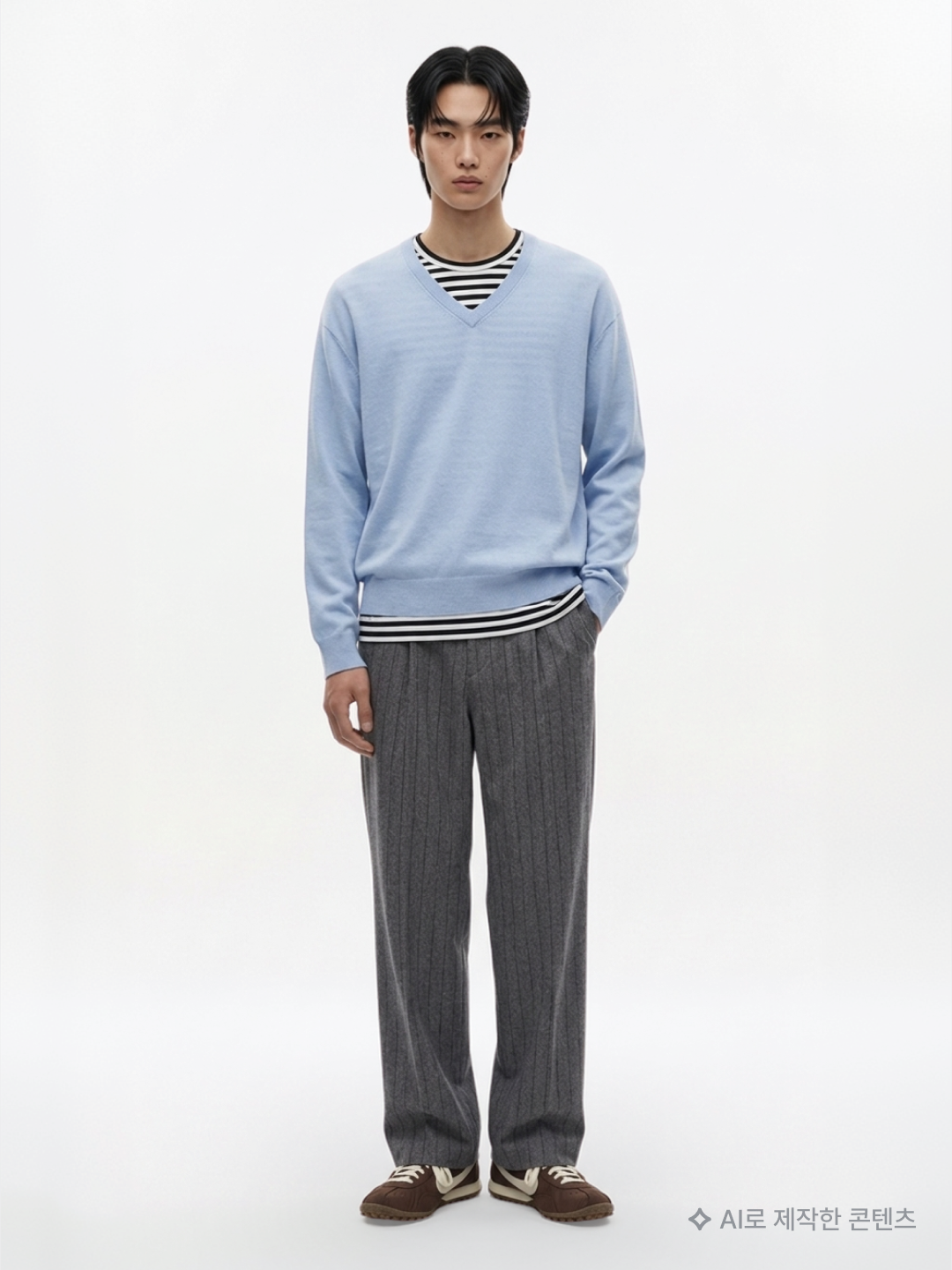 Noun Crop V Neck Knit Sky Blue, CDG Long Sleeve T-Shirt Black Stripe Black 착용 스타일 - 1