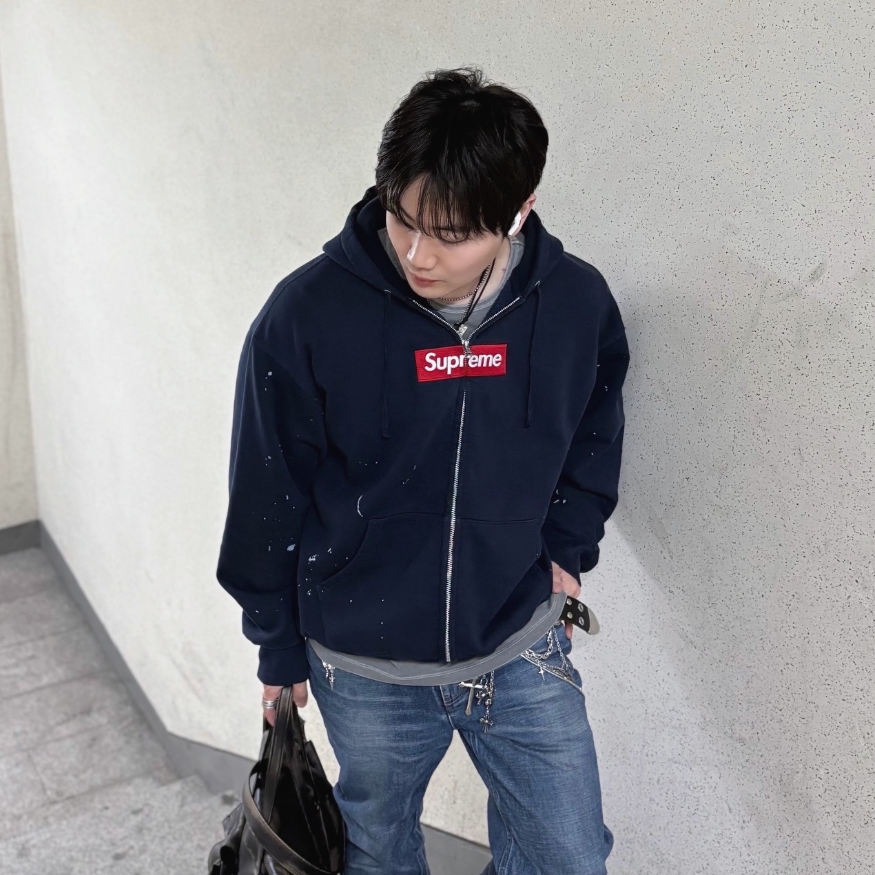 Supreme x MM6 Maison Margiela Box Logo Zip Up Hooded Sweatshirt Navy - 26SS 착용 스타일 - 2