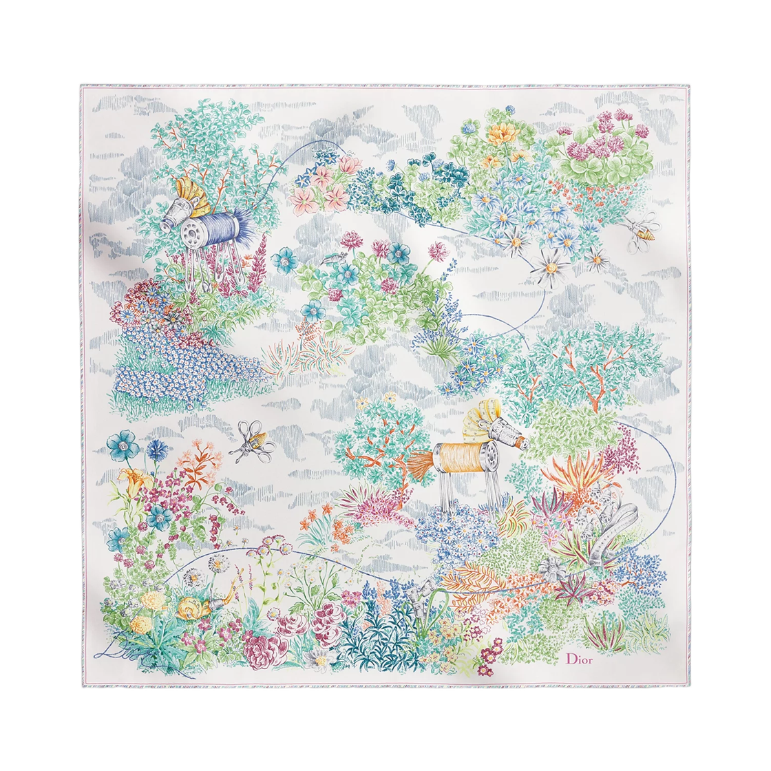 62TC090D6039-C018 (W) Dior Charming Garden 90 Square Scarf Silk Twill White Multicolor