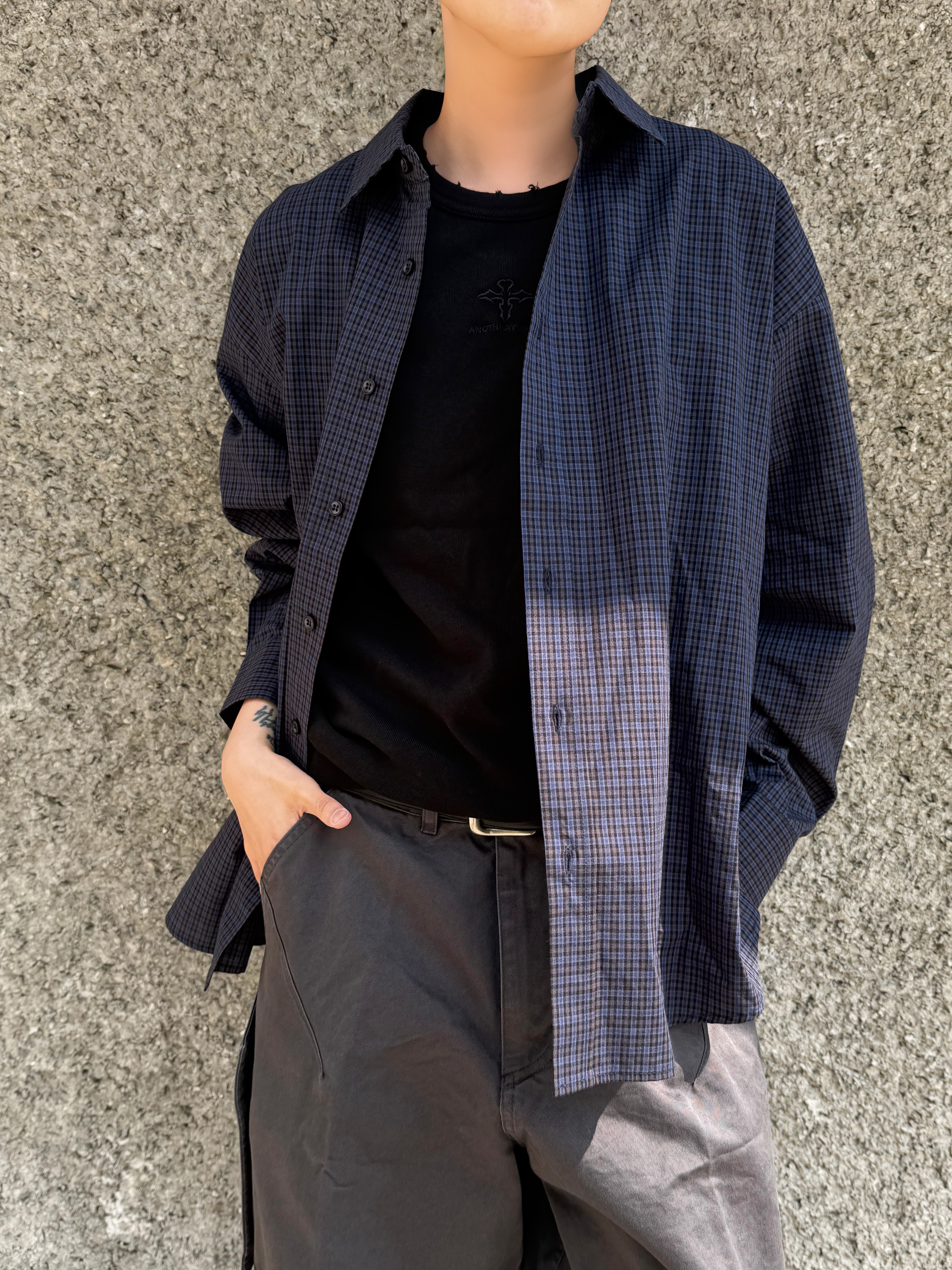 Hono Report Overfit Check Shirts Blue, farfromwhat far layered work pants_charcoal 착용 스타일 - 2