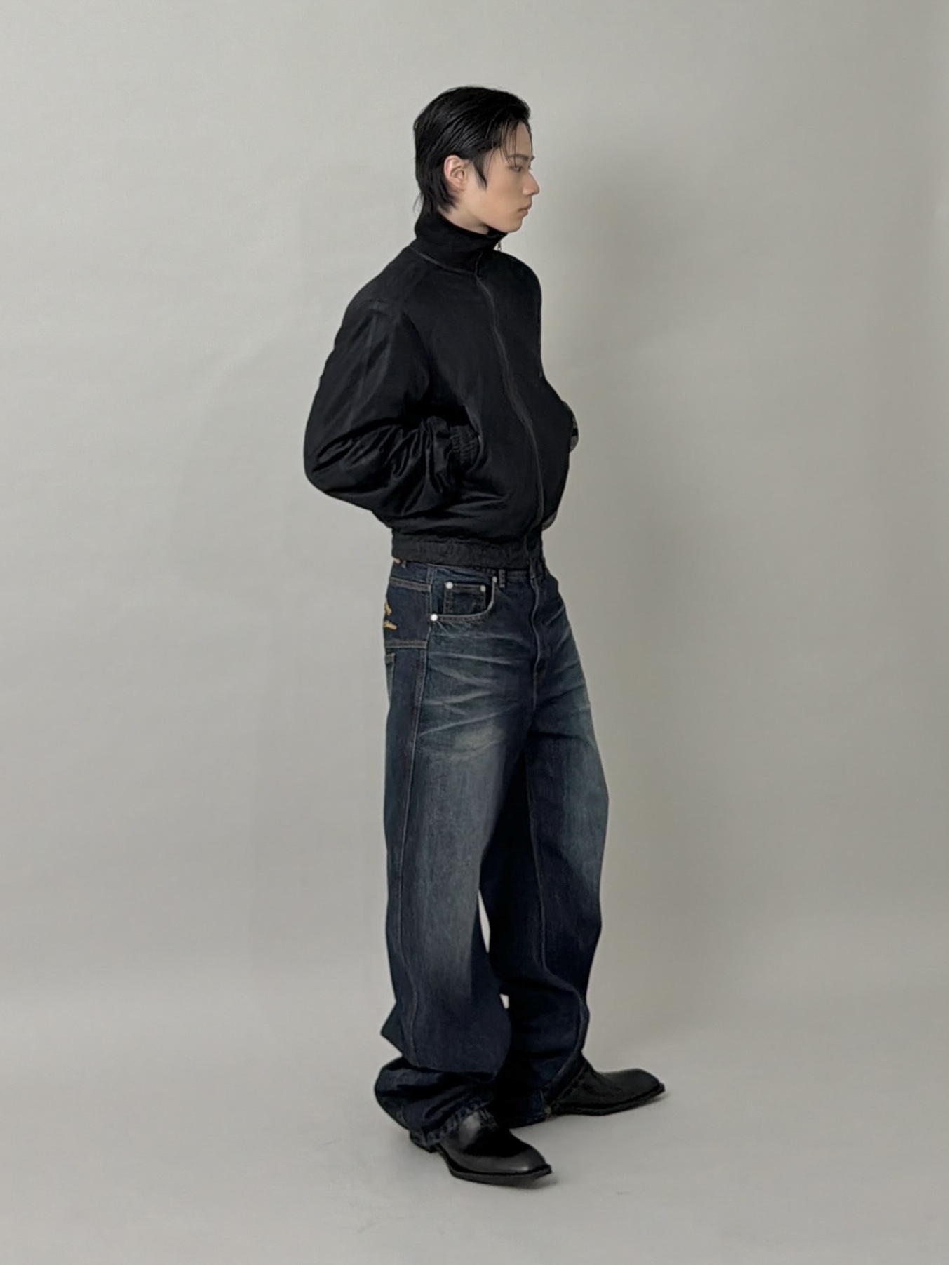 CSC Over Draped Denim Pants Mid Blue, CSC Futurist Jacket Double-Mesh 착용 스타일 - 2
