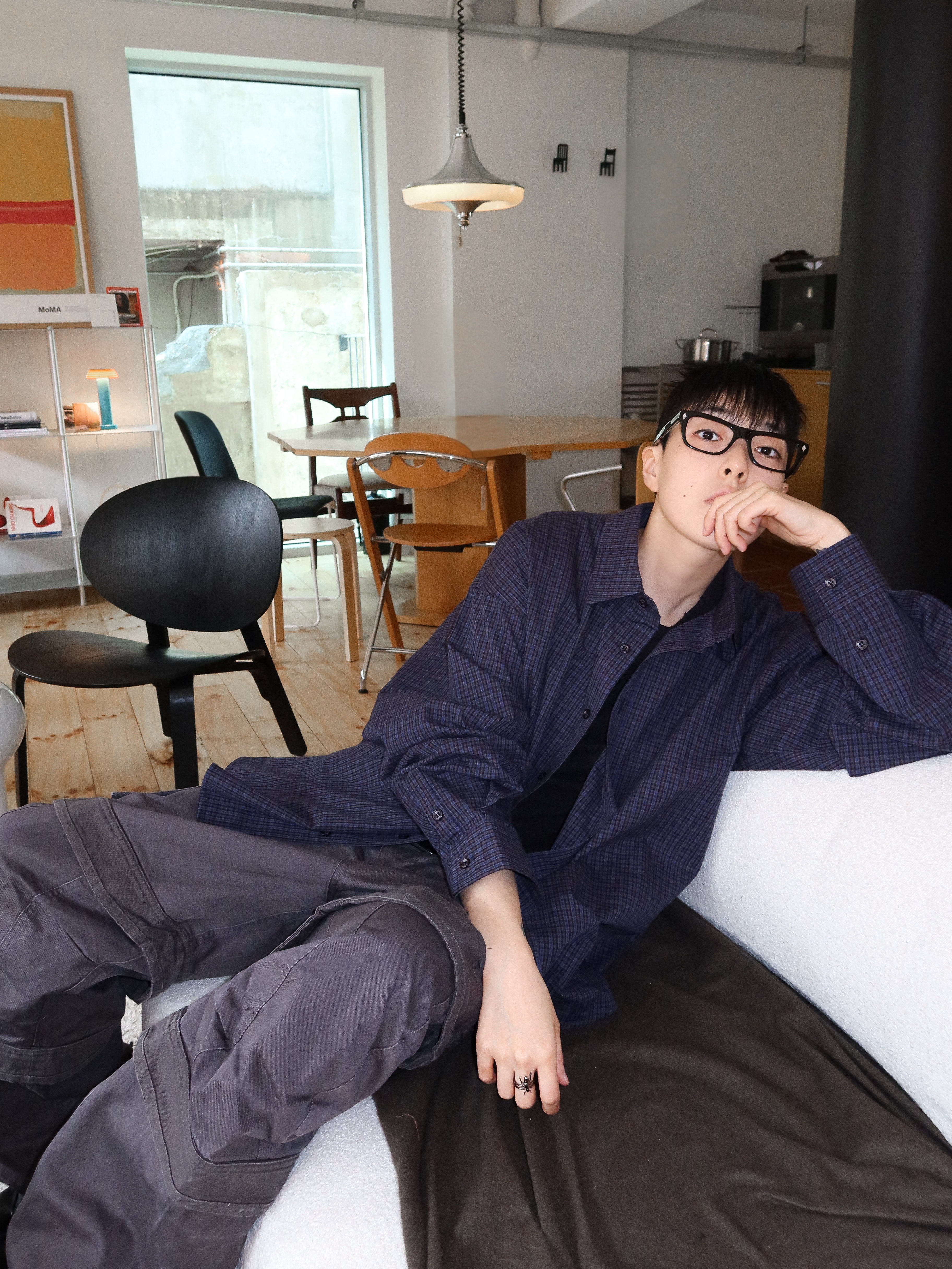 Hono Report Overfit Check Shirts Blue, farfromwhat far layered work pants_charcoal 착용 스타일 - 10