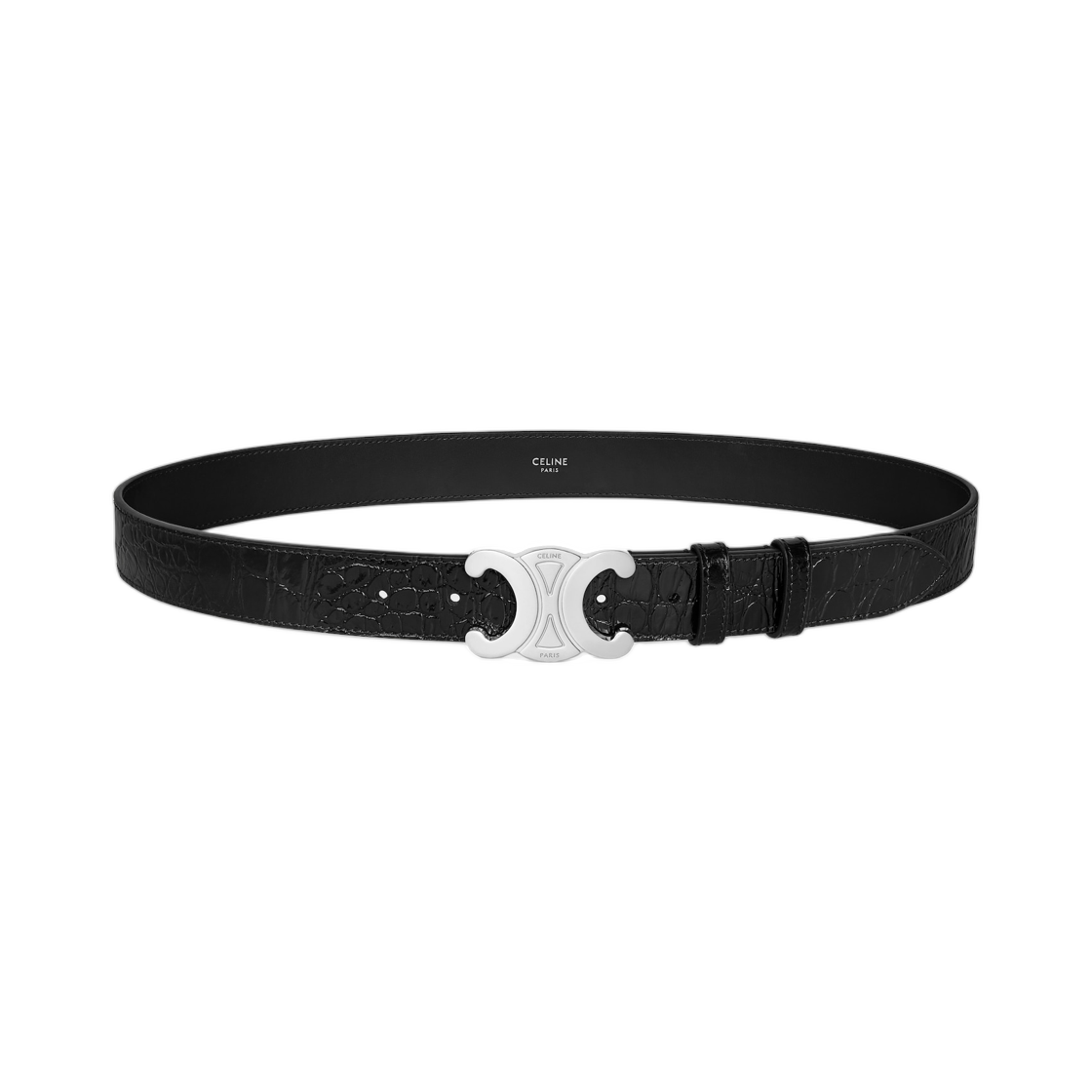 45BIE3H70-38SI Celine Triomphe Belt 30mm in Crocodile Embossed Calfskin Black