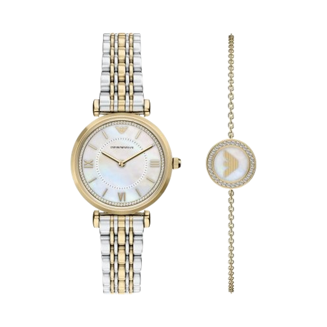 AR80086SET (W) Emporio Armani Quartz Two-Hand 32mm Two-Tone Stainless Steel Bracelet Set Mother of Pearl Gold Silver