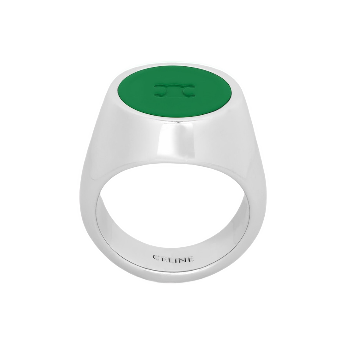 B107N3F86-GKM4 Celine Triomphe Signet Ring in Varnish and Brass with Rhodium Finish Silver Racing Green