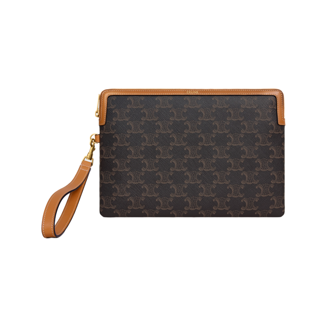 10J503I91-04LU Celine Small Pouch with Strap Cuir Triomphe in Triomphe Canvas and Calfskin Tan