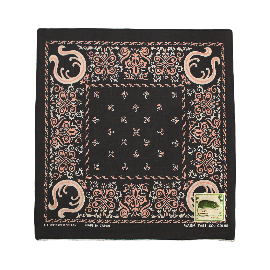 K2508BA503 Kapital Fastcolor Selvedge Bandana Antler Naja 15 x 15 Black
