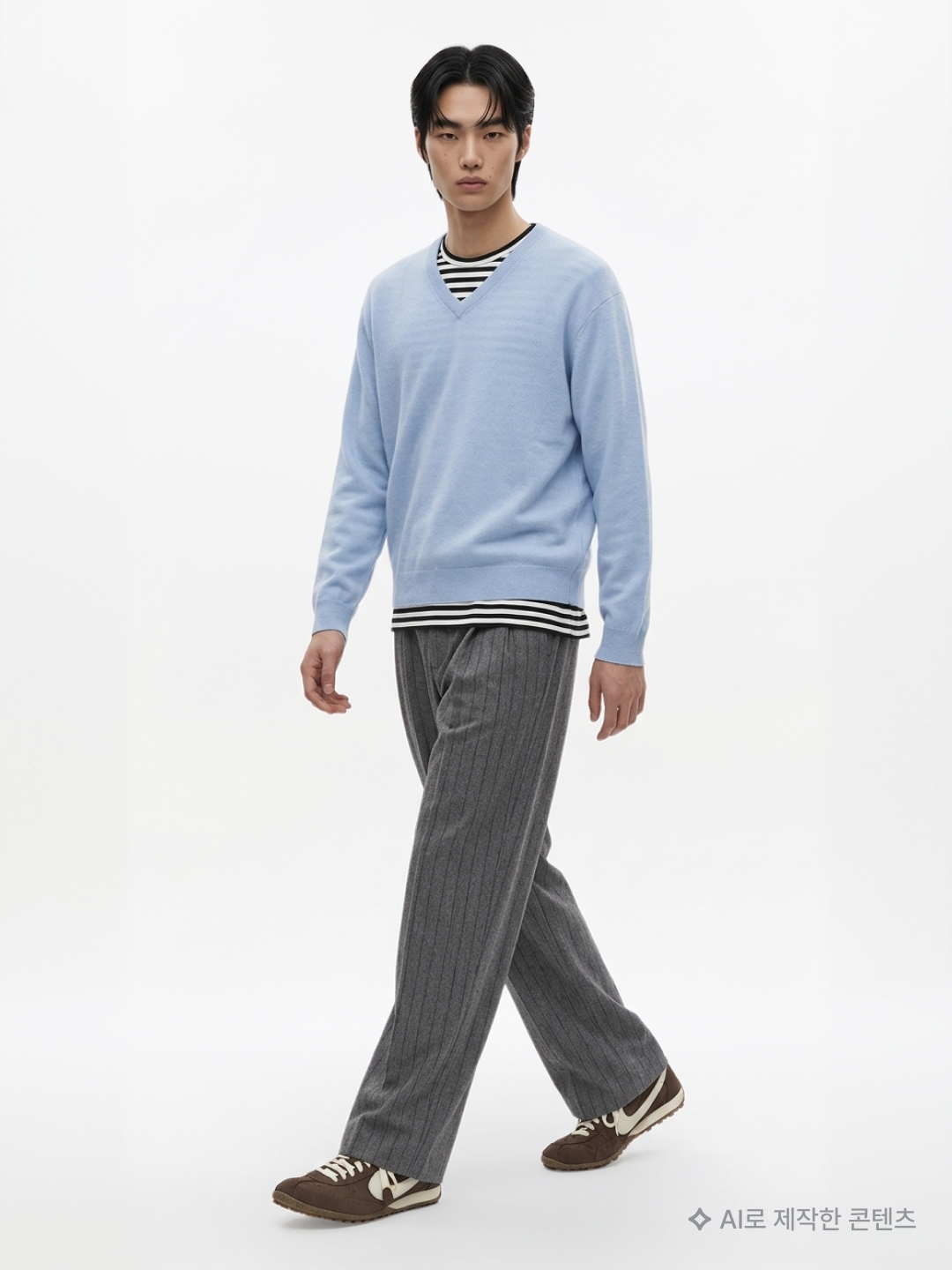 Noun Crop V Neck Knit Sky Blue, CDG Long Sleeve T-Shirt Black Stripe Black 착용 스타일 - 2
