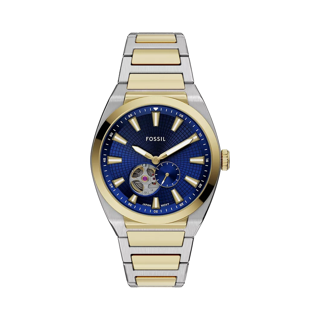 파슬 에버렛 오토매틱 쓰리핸드 42mm 투톤 스테인리스 스틸 블루 골드(Fossil Everett Automatic Three-Hand 42mm Two-Tone Stainless Steel Blue Gold)