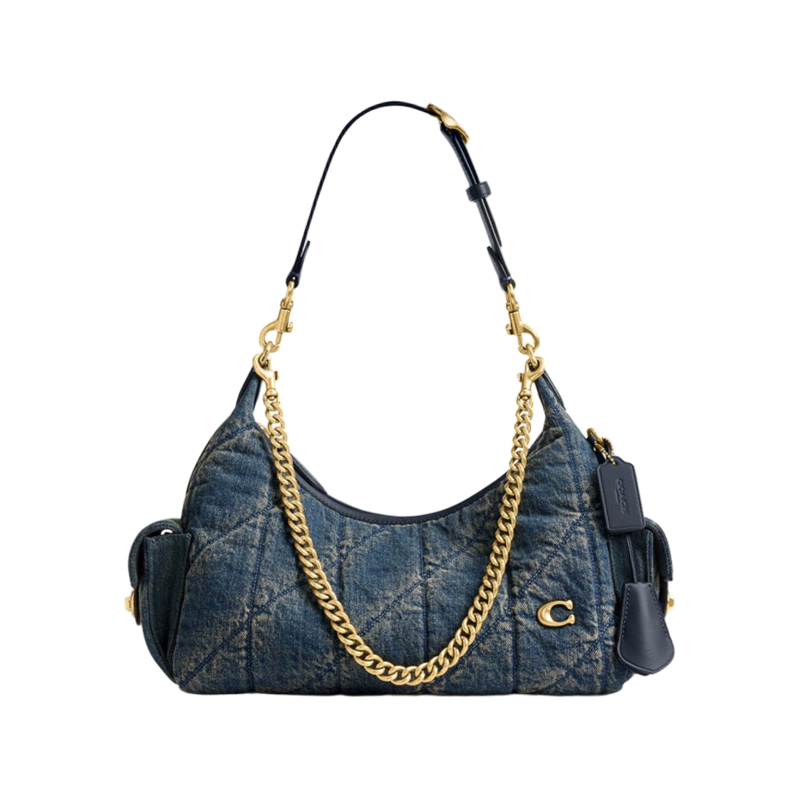 코치 포켓 줄리엣 백 30 리제너레이티브 코튼 퀼팅 브라스 다크 인디고(Coach Pocket Juliet Bag 30 in Regenerative Cotton with Quilting Brass Dark Indigo)