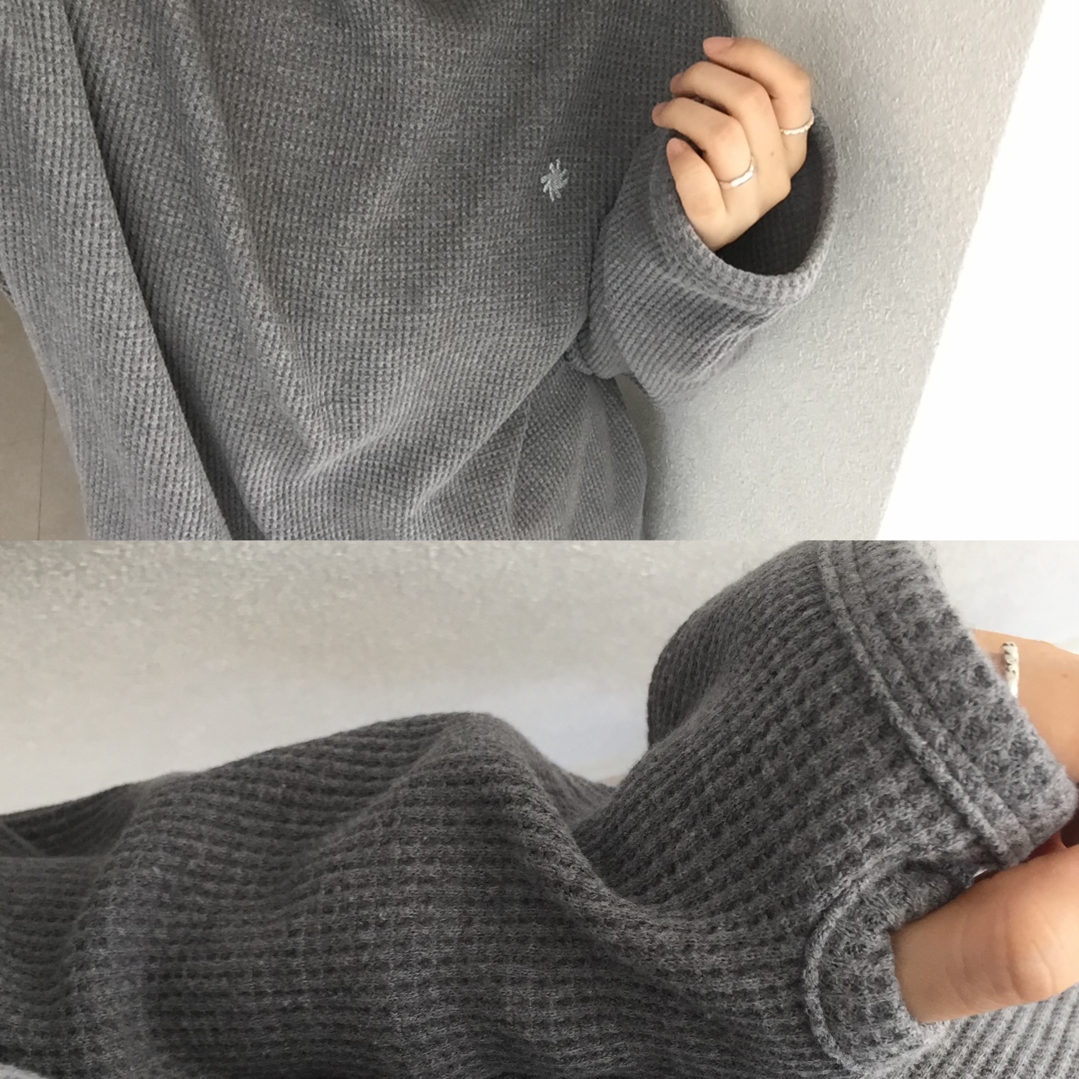 SLOW RECORD HOUSE Waffle Fingerhole Hood Blue Grey 착용 스타일 - 3