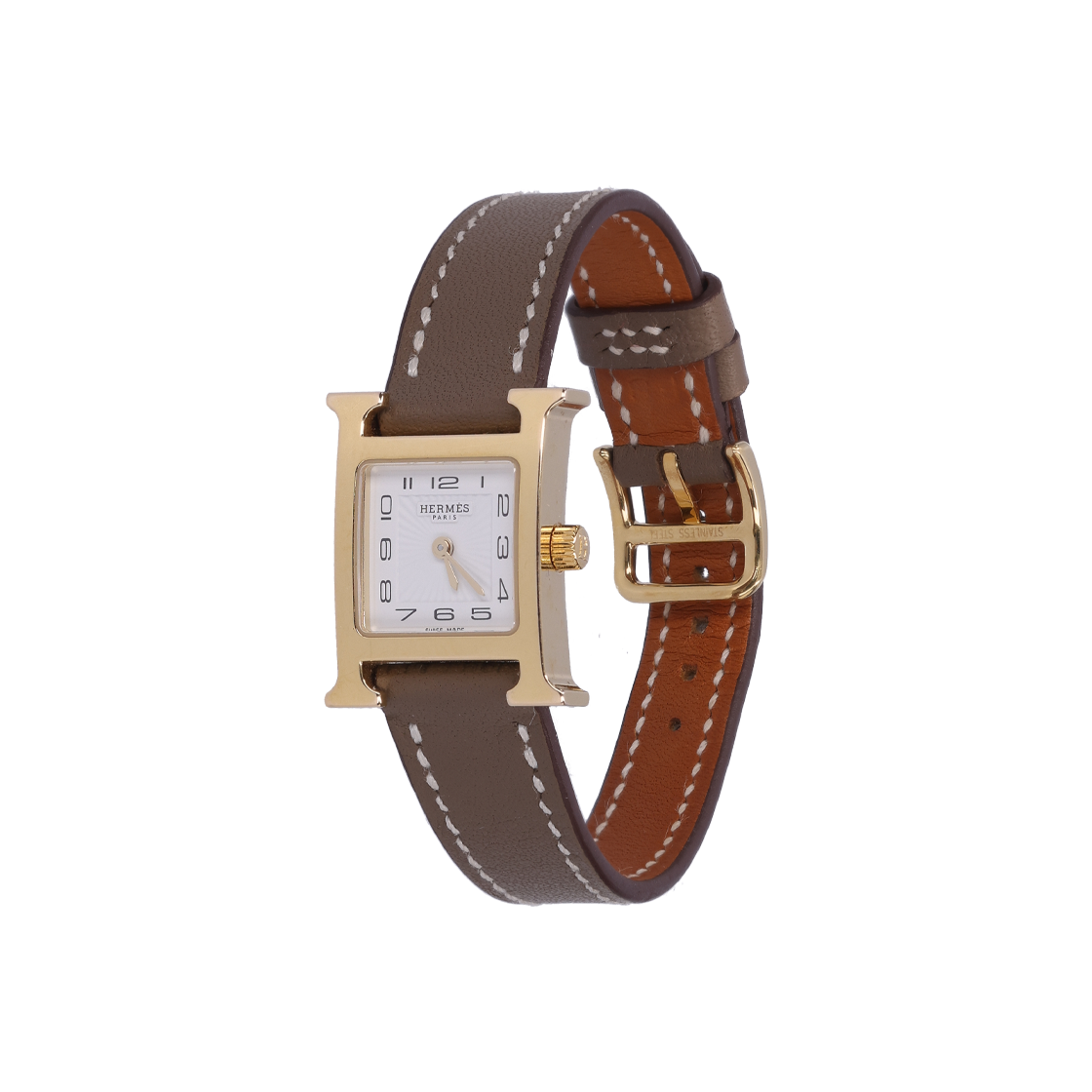 에르메스 HH1.101 H 아워 워치 스몰 에토프 스위프트 스트랩 & 옐로우 골드 스틸 B각인(Hermes HH1.101 H Hour Watch - Small Etoupe Swift Strap & Yellow Gold Steel B Engraving)