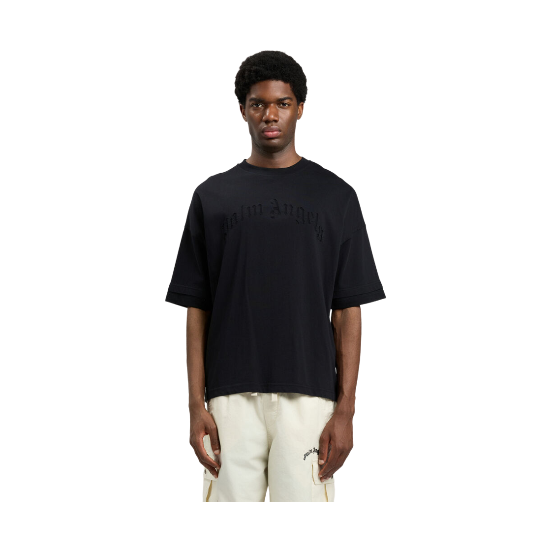 팜엔젤스 커브드 로고 루즈 더블 티셔츠 - 블랙(Palm Angels Curved Logo Loose Double Tee - Black Black) - 2