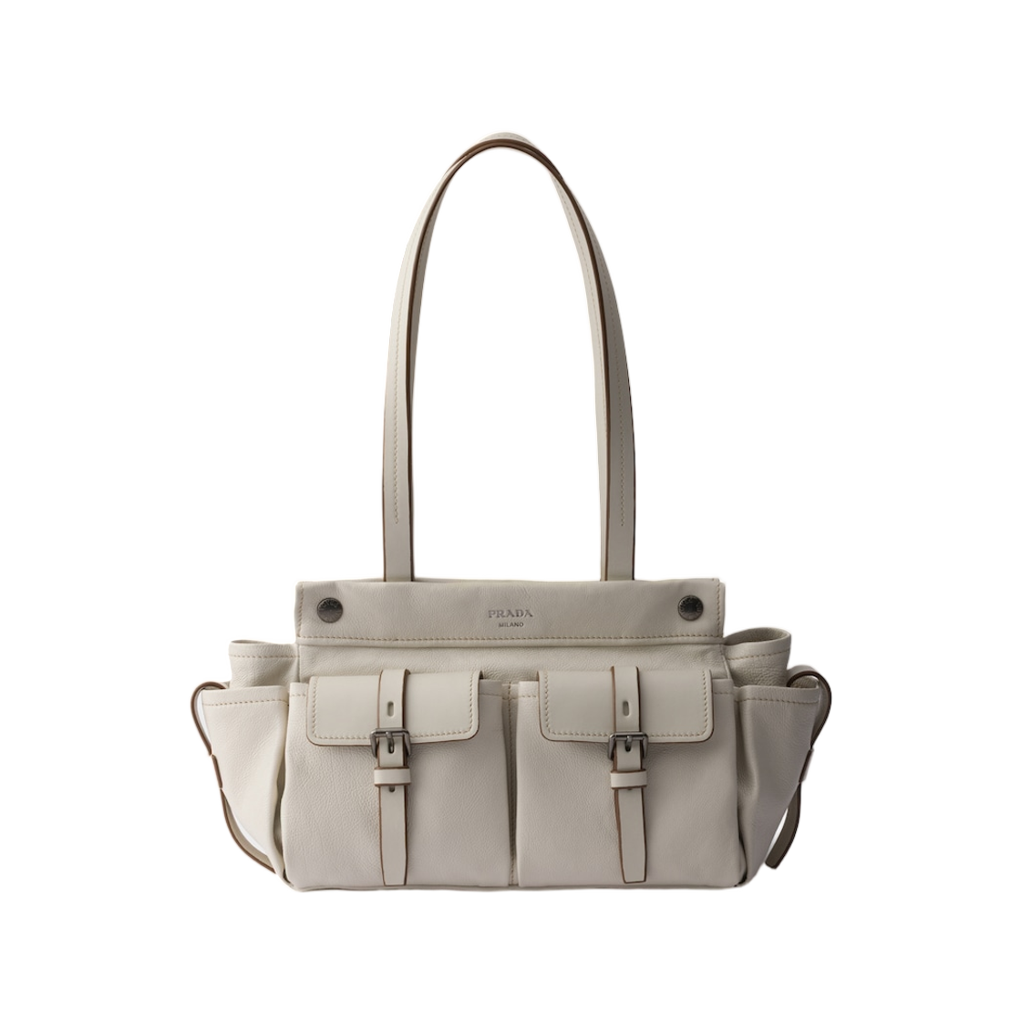 1BG645-2G6R-F0K74 Prada Route Medium Leather Tote Bag Chalk White