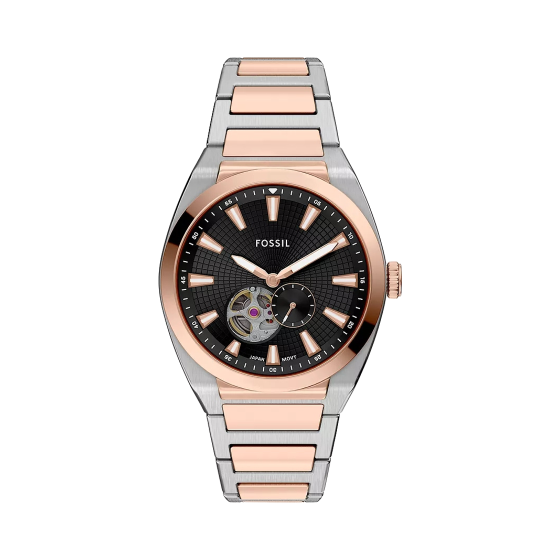 파슬 에버렛 오토매틱 쓰리핸드 42mm 투톤 스테인리스 스틸 블랙 로즈 골드(Fossil Everett Automatic Three-Hand 42mm Two-Tone Stainless Steel Black Rose Gold)