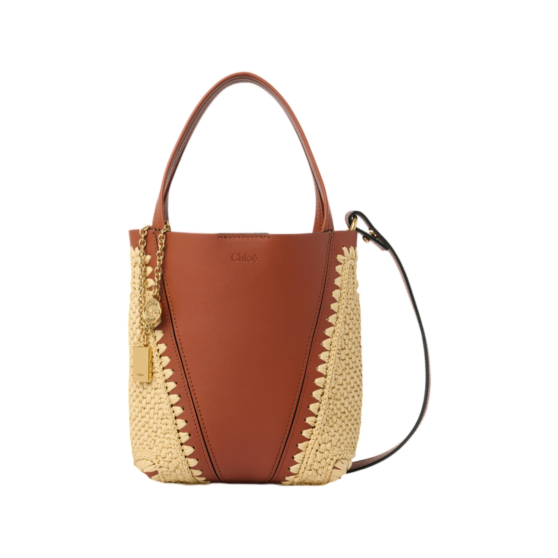 끌로에 스몰 끌로에 스핀 토트백 라피아 이펙트 앤 레더 클레이 브라운(Chloe Small Chloe Spin Tote Bag in Raffia Effect and Leather Clay Brown) - 1