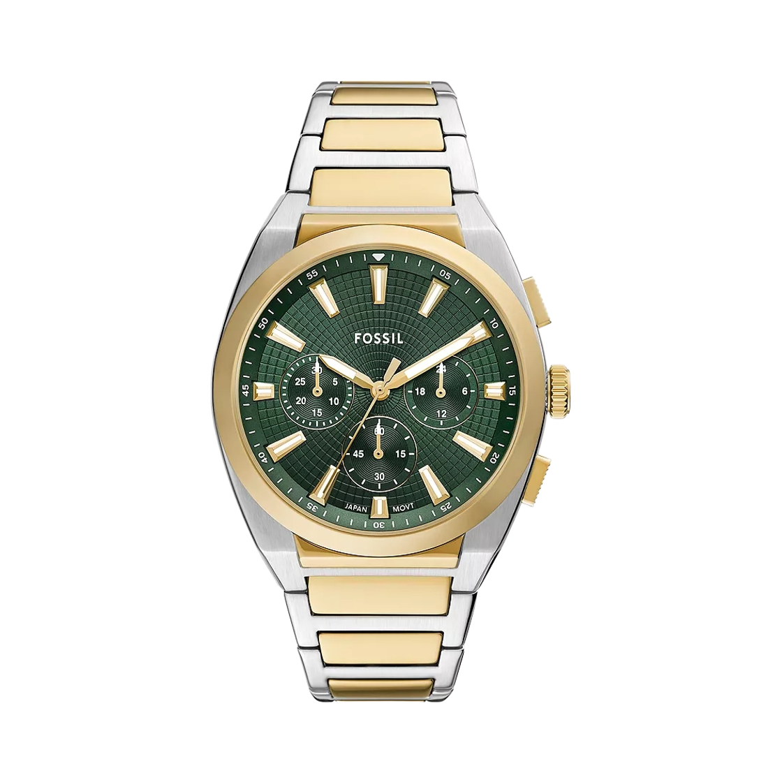 파슬 에버렛 쿼츠 크로노그래프 44mm 투톤 스테인리스 스틸 그린 골드(Fossil Everett Quartz Chronograph 44mm Two-Tone Stainless Steel Green Gold)