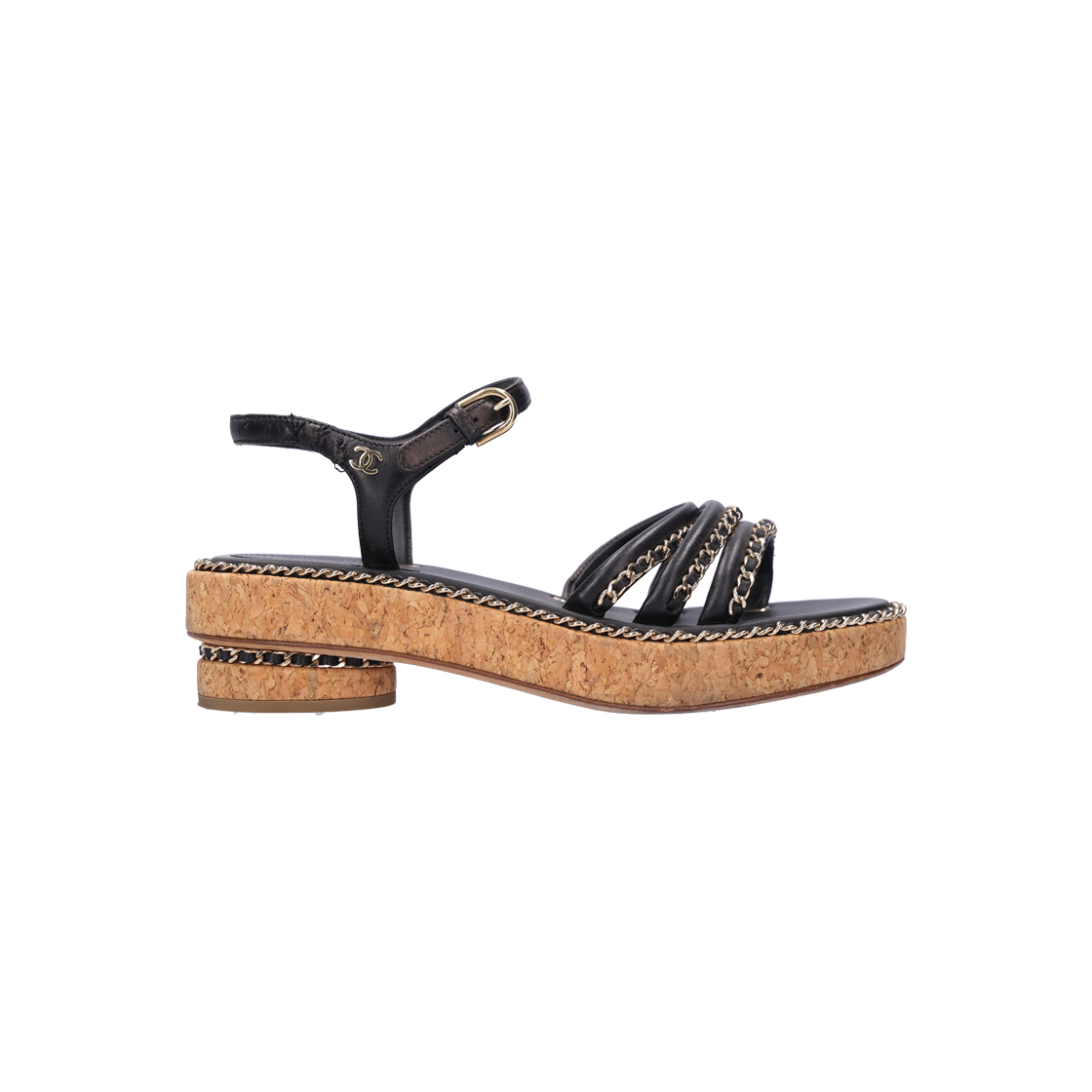 ITU3PK8C583R Chanel G35779 Chain Strap Sandals, Black Leather, Size 37.5