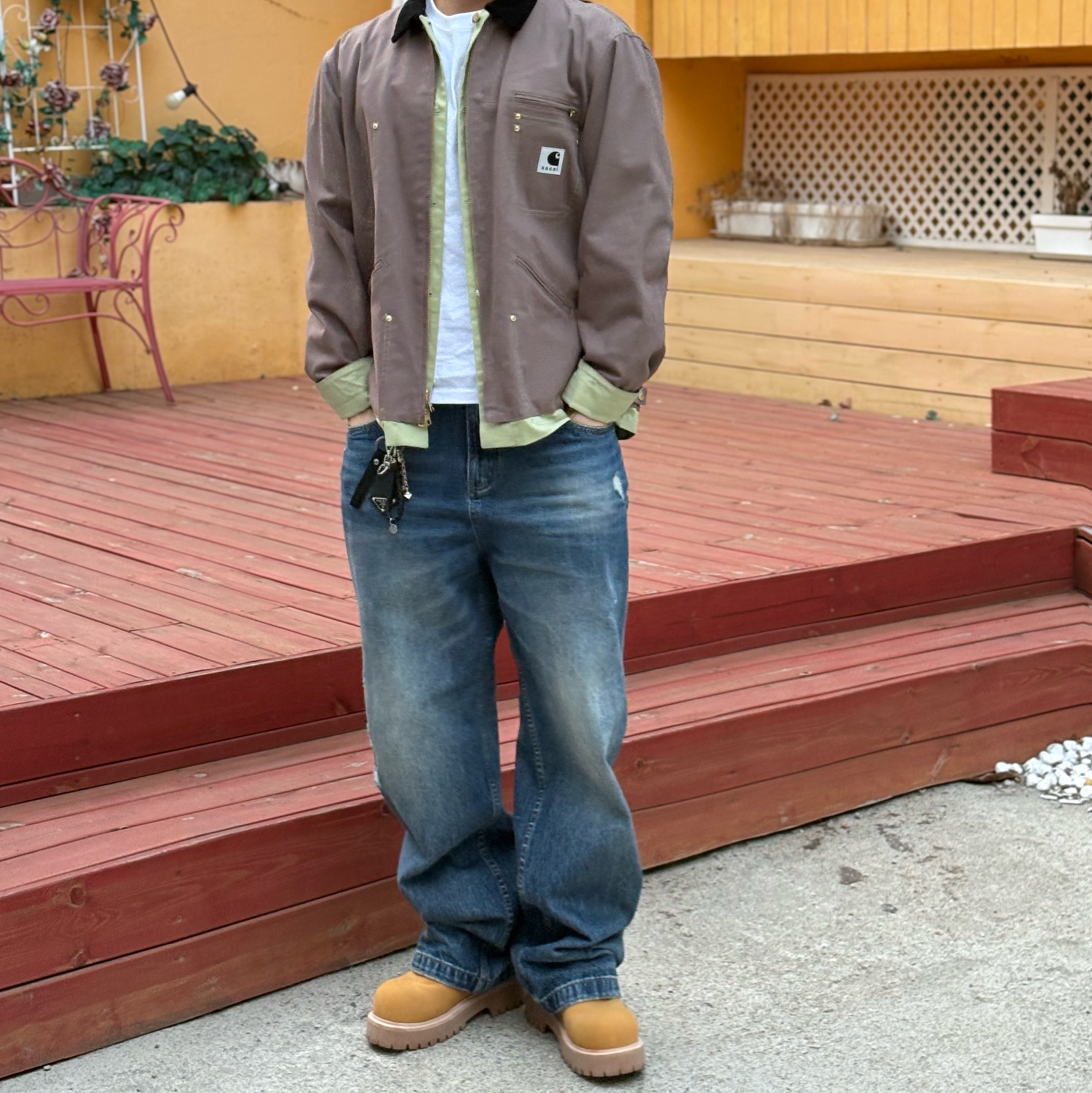 Sacai x Carhartt WIP Reversible Duck Jacket Gray Light Green, Nonnod Double pocket Japanese Denim Mid Blue 착용 스타일 - 3