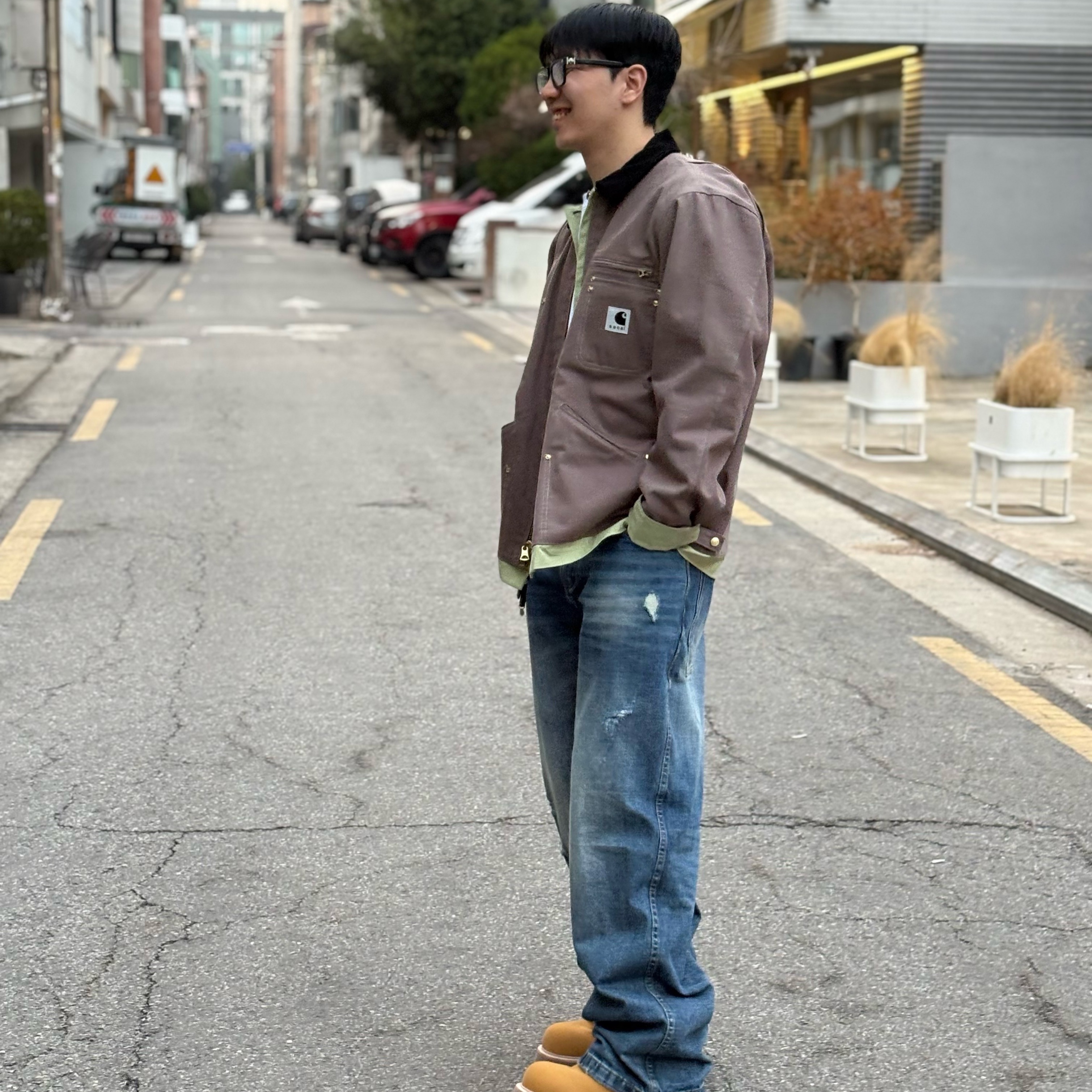 Sacai x Carhartt WIP Reversible Duck Jacket Gray Light Green, Nonnod Double pocket Japanese Denim Mid Blue 착용 스타일 - 1