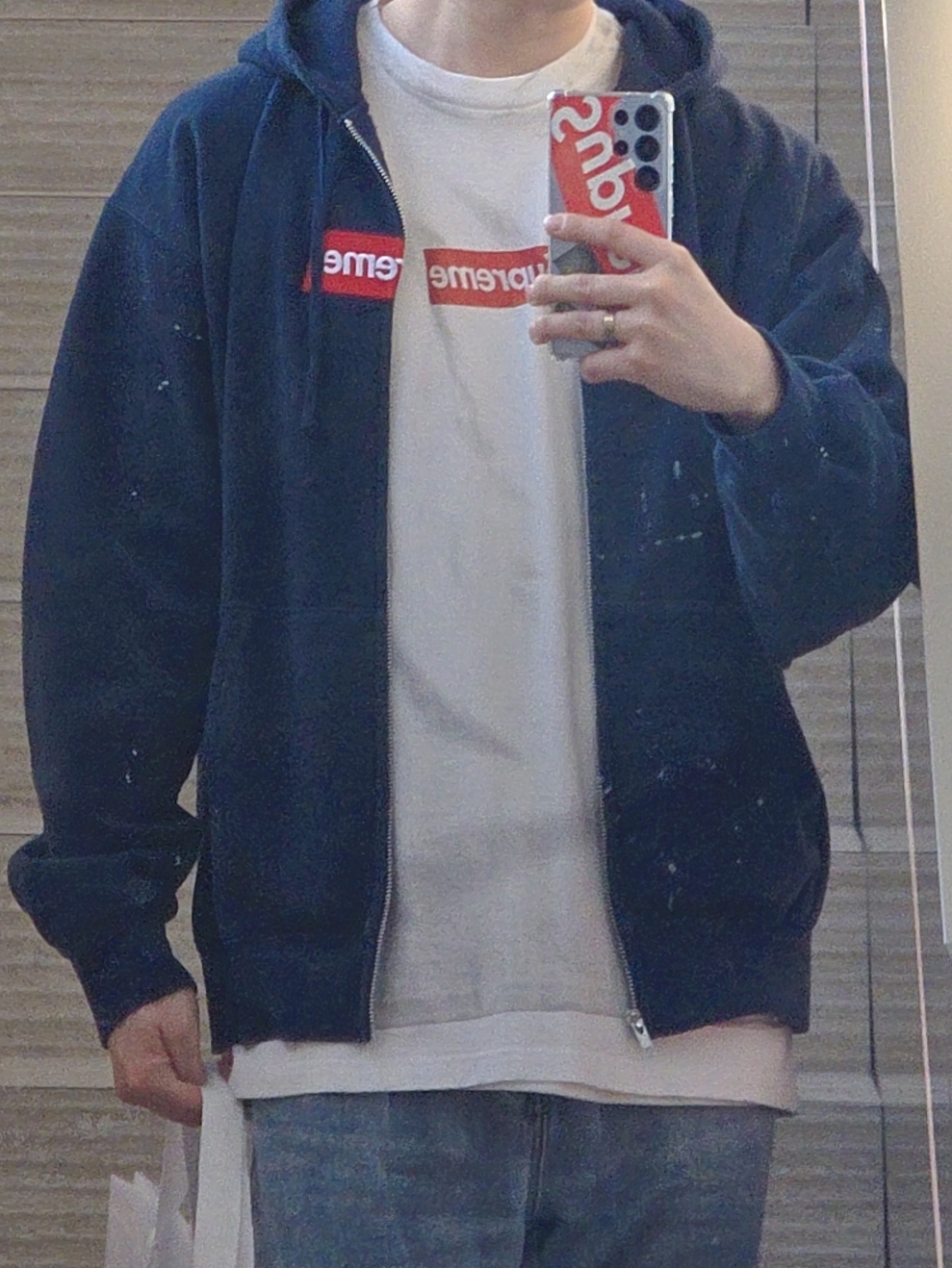 Supreme x MM6 Maison Margiela Box Logo Zip Up Hooded Sweatshirt Navy - 26SS, Jordan 1 x Travis Scott Retro Low OG SP Sail and Ridgerock 착용 스타일 - 2