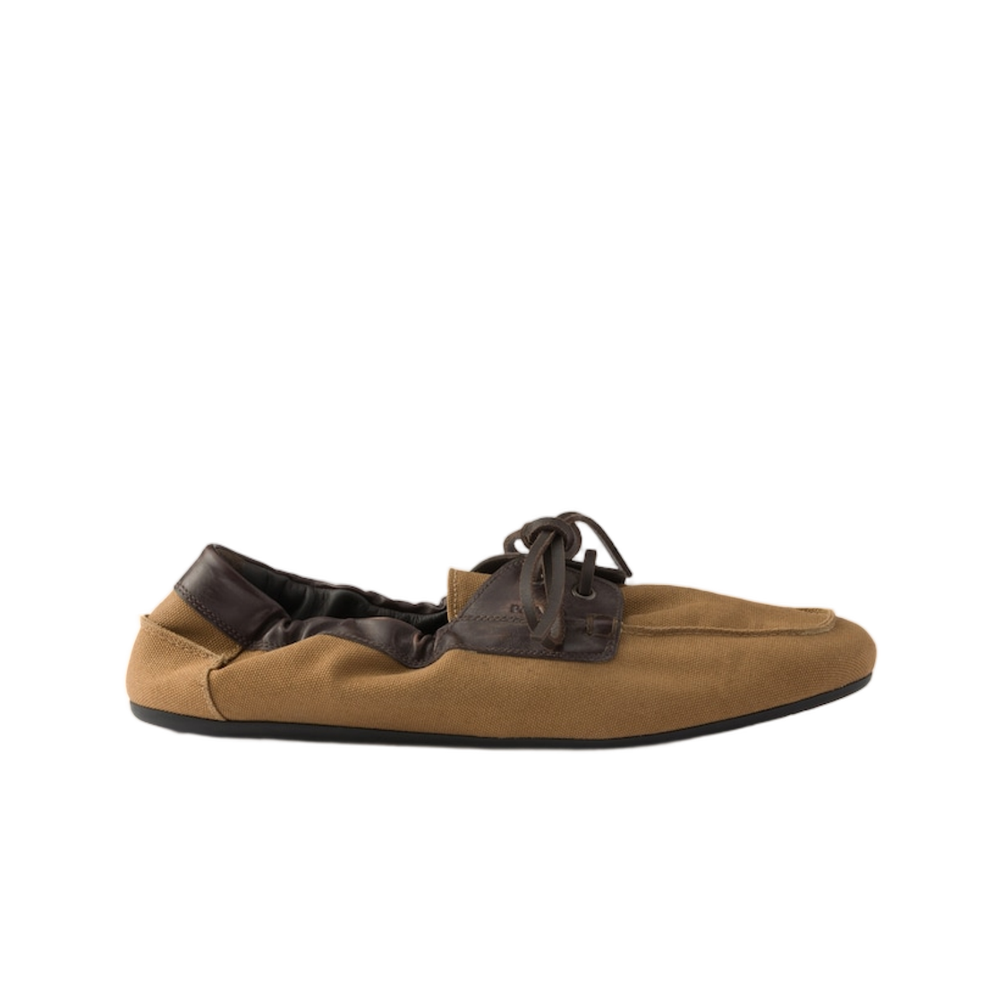 2EG504-3ZNG-F0005 Prada Shuffle Aged Canvas and Leather Boat Shoes Tobacco