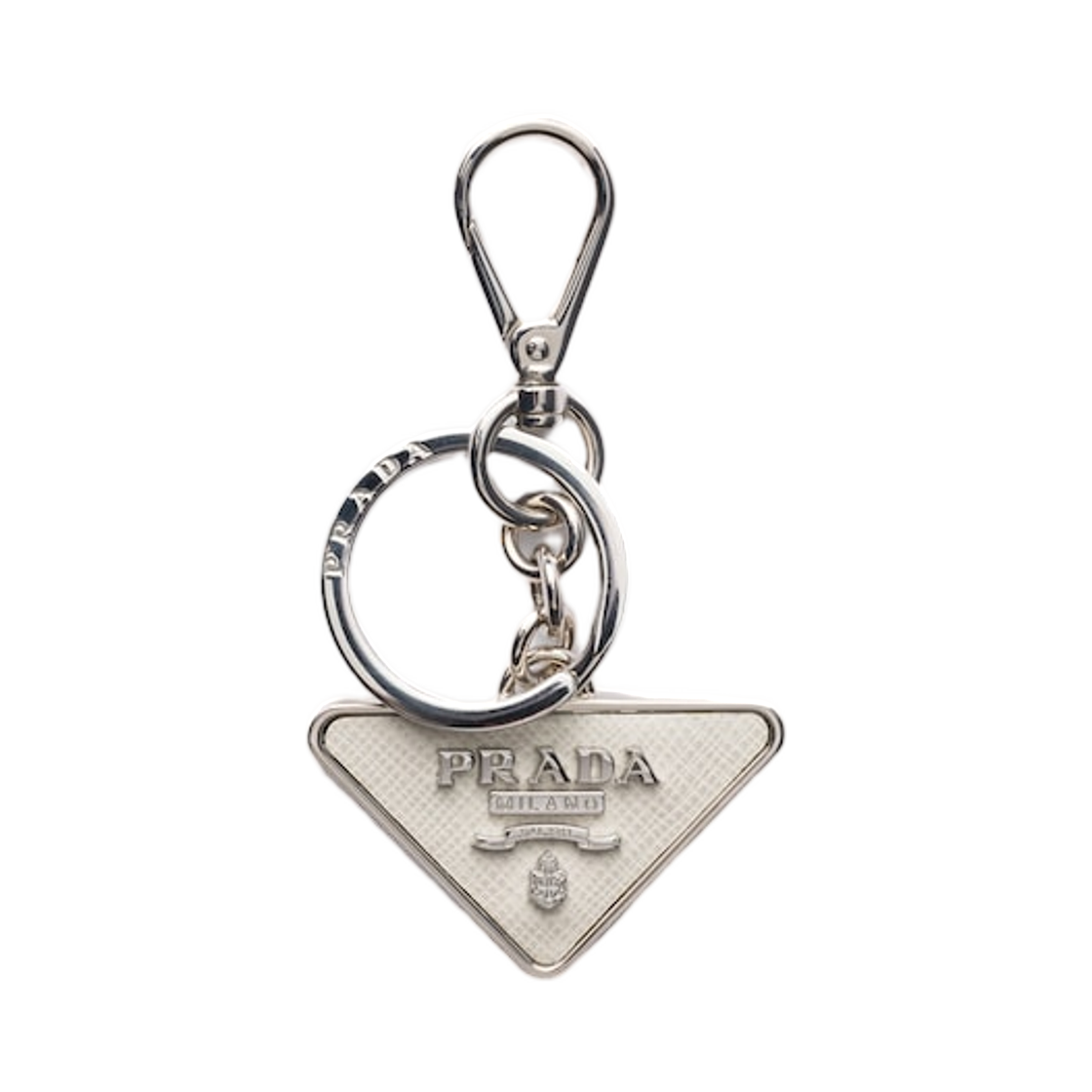 프라다 사피아노 레더 앤 메탈 키체인 초크 화이트(Prada Saffiano Leather and Metal Keychain Chalk White)