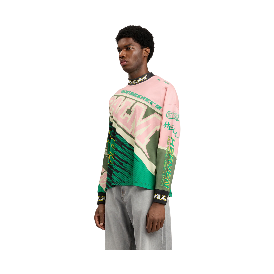 팜엔젤스 레이싱 루즈 티셔츠 - 핑크 그린(Palm Angels Racing Loose Tee L/S - Pink Green) - 3