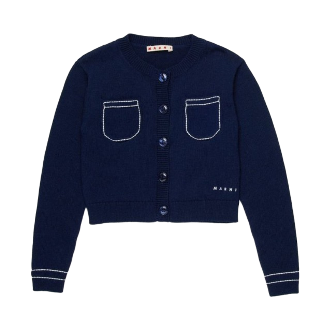 (키즈) 마르니 포켓 로고 가디건 네이비((Kids) Marni Pockets and Logo Cardigan Navy)