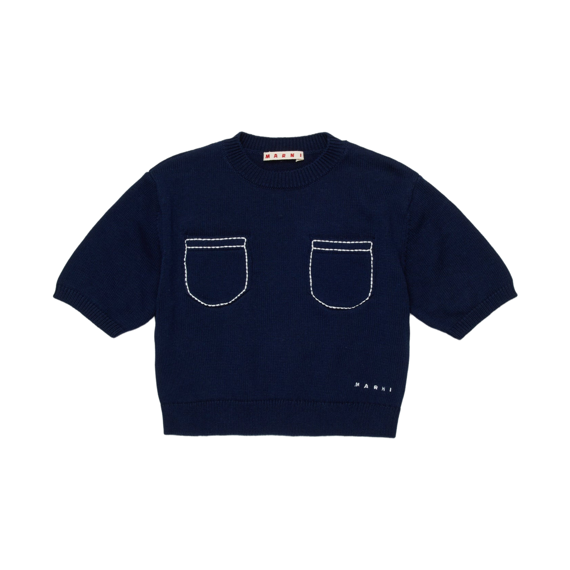 (키즈) 마르니 포켓 로고 크루넥 풀오버 네이비((Kids) Marni Crewneck Pullover with Pockets and Logo Navy)
