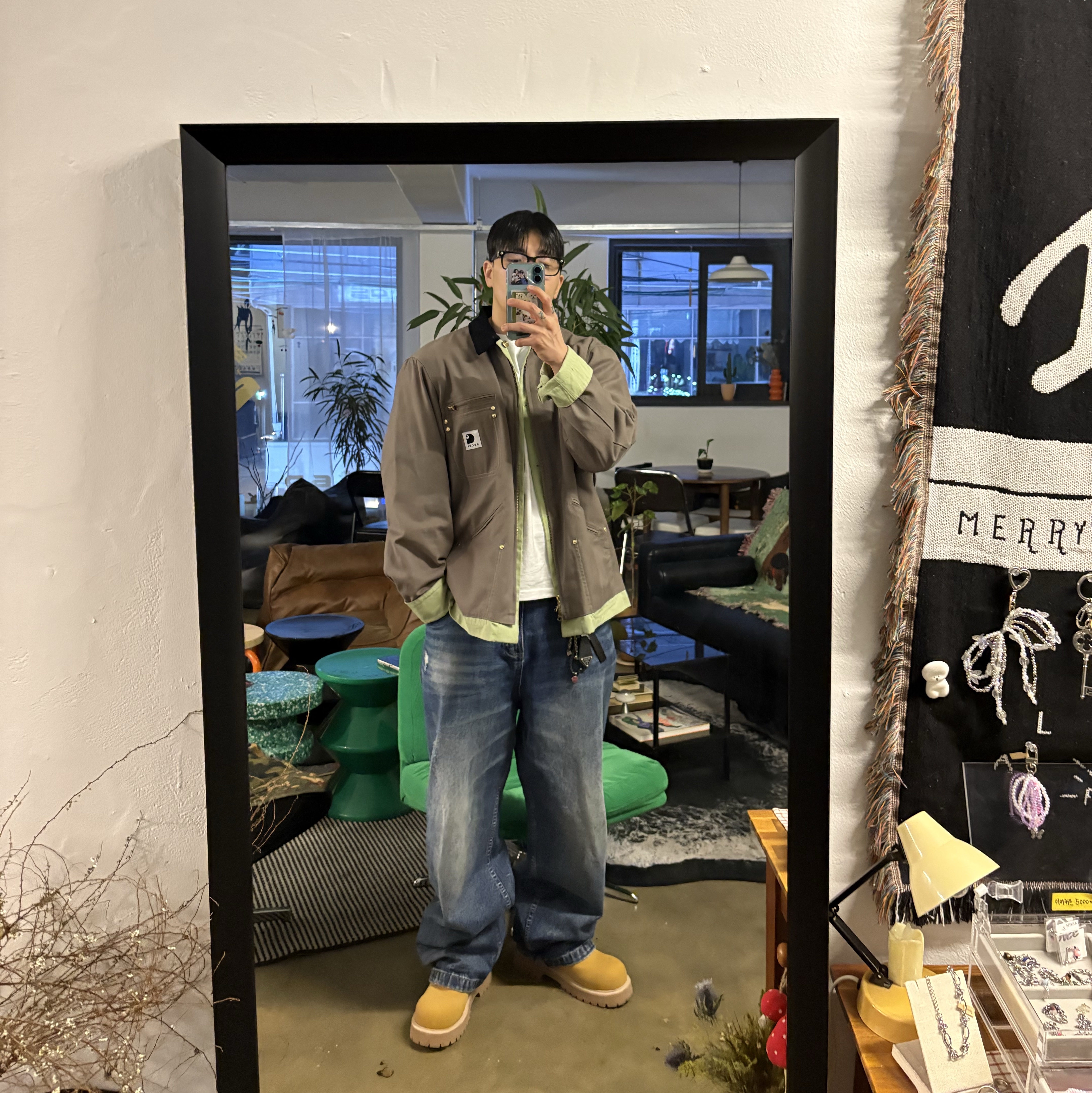 Sacai x Carhartt WIP Reversible Duck Jacket Gray Light Green, Nonnod Double pocket Japanese Denim Mid Blue 착용 스타일 - 4