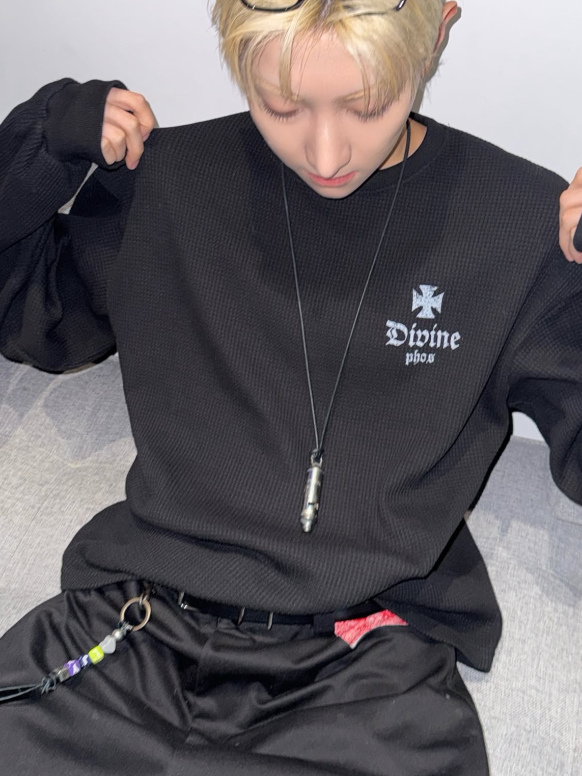 PHOS333 Divine Waffle Long Sleeved Black, PHOS333 Divine Waffle Long Sleeved Cream 착용 스타일 - 4