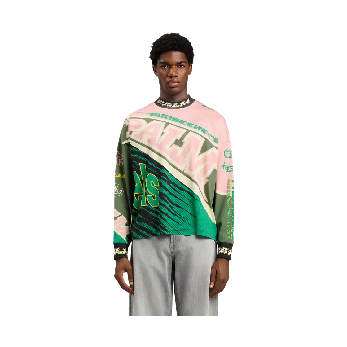 팜엔젤스 레이싱 루즈 티셔츠 - 핑크 그린(Palm Angels Racing Loose Tee L/S - Pink Green) - 2