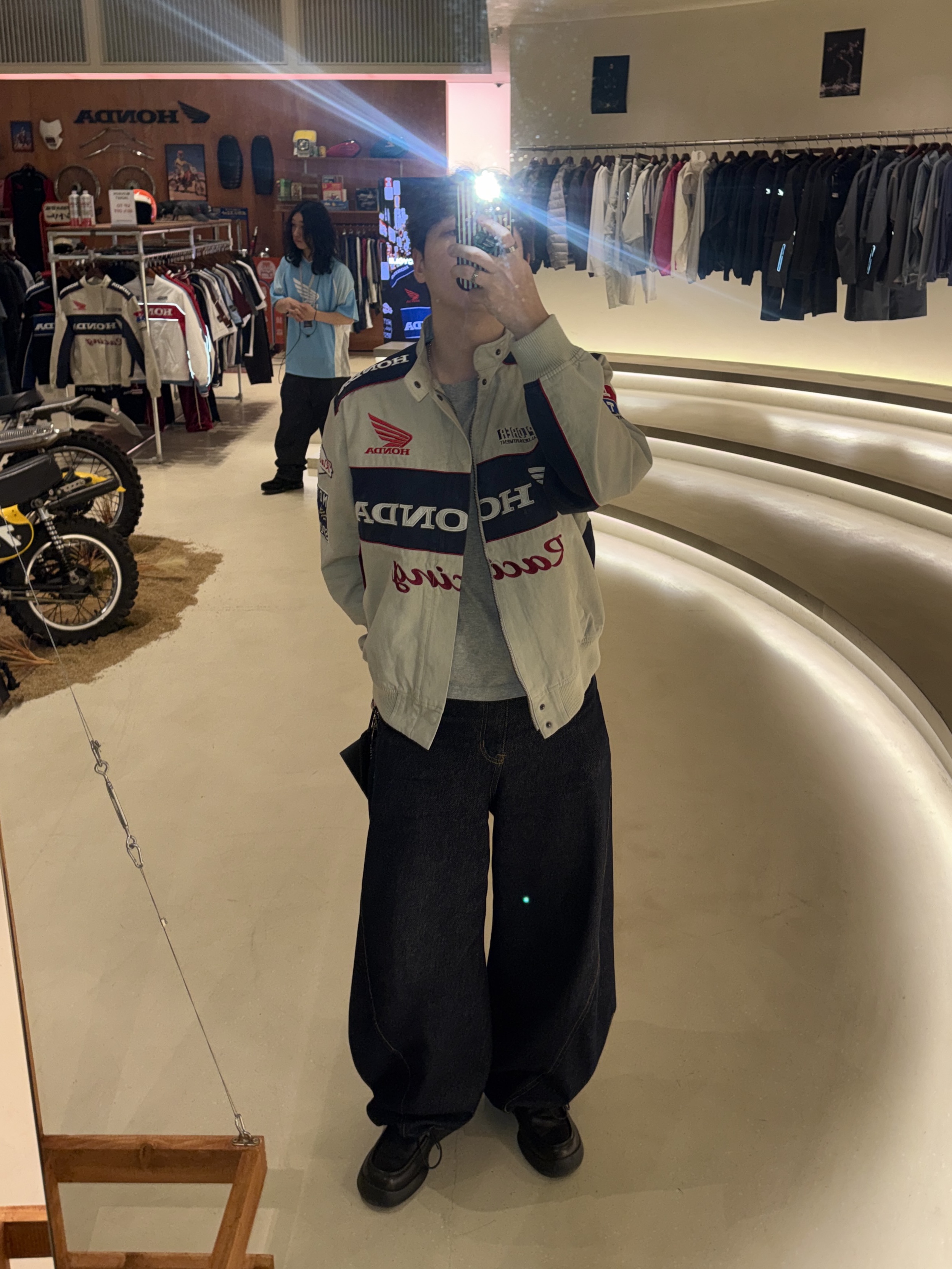 Honda Twill Multi Patch Motorcycle Jacket Ivory, Honda Piping Motorcycle Blouson Jacket White 착용 스타일 - 6