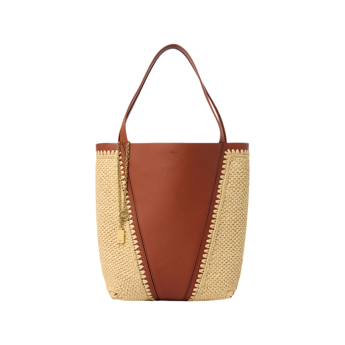 CH26US811R6026M Chloe Spin Tote Bag in Raffia Effect and Leather Clay Brown
