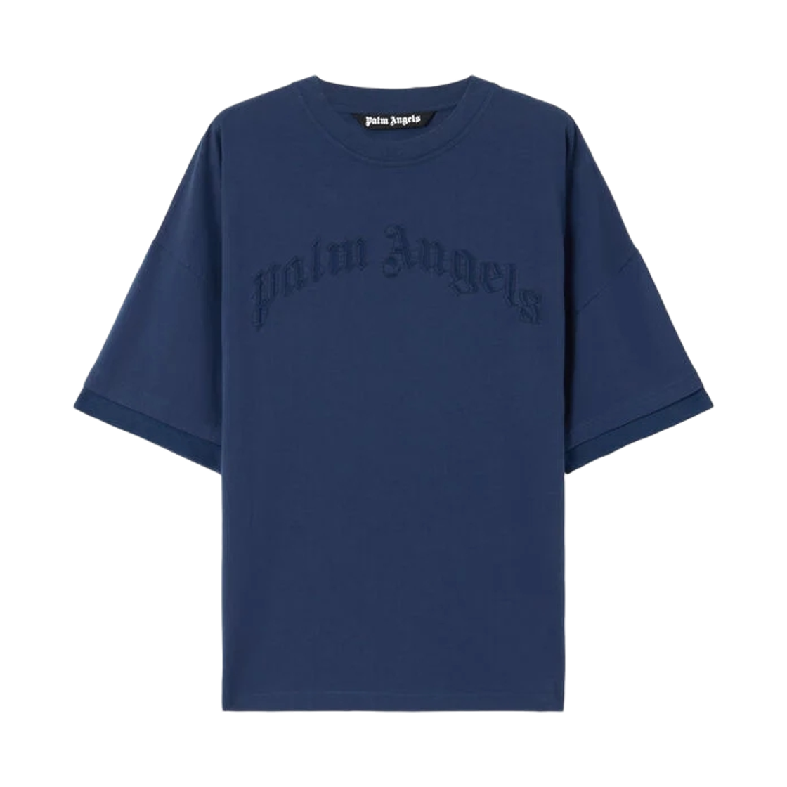 팜엔젤스 커브드 로고 루즈 더블 티셔츠 - 네이비 블루(Palm Angels Curved Logo Loose Double Tee - Navy Blue Navy Blue)