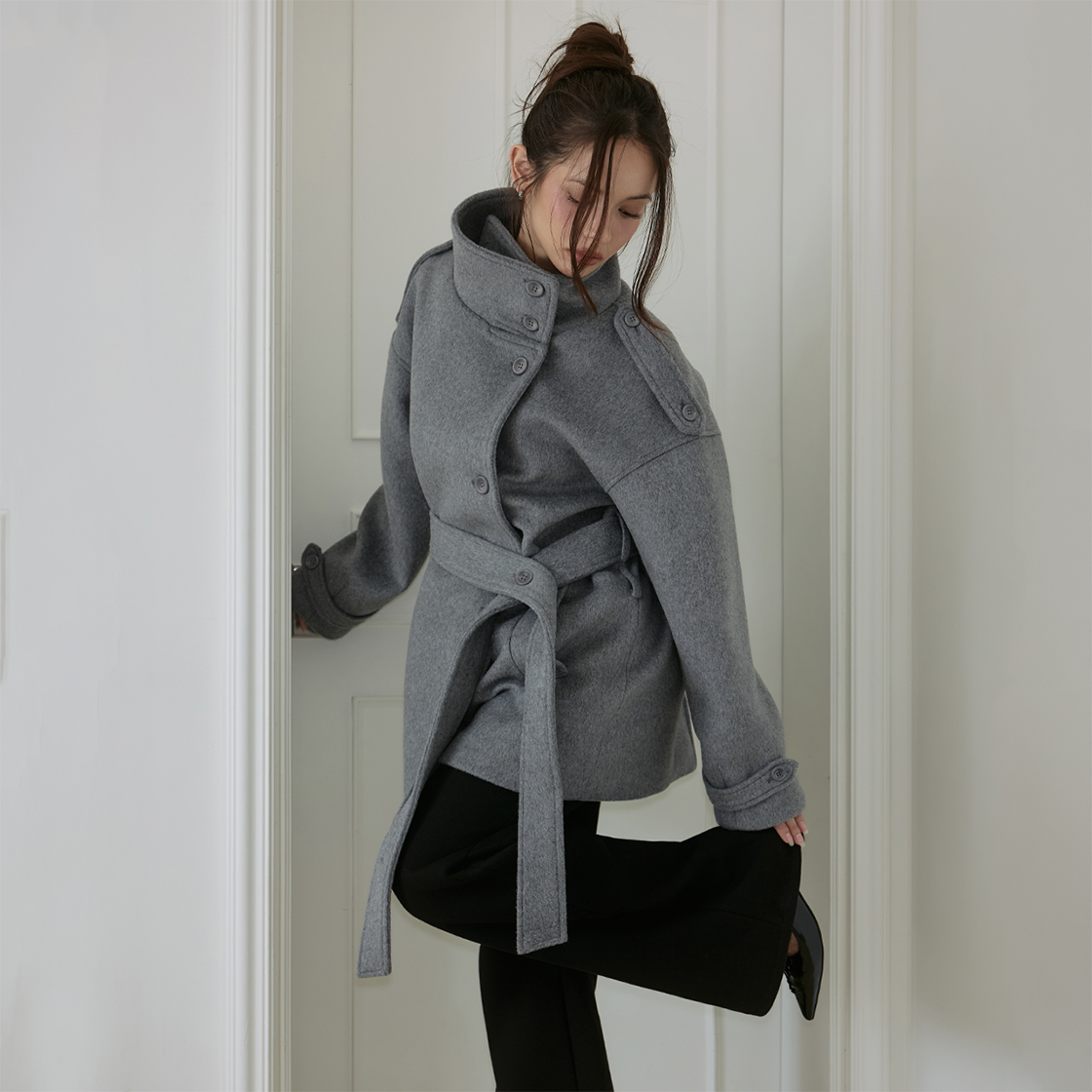 로제프란츠 벨티드 퍼널넥 울 하프 코트 [그레이](Rosefrantz Belted Funnel-Neck Wool Half Coat [Gray]) - 5