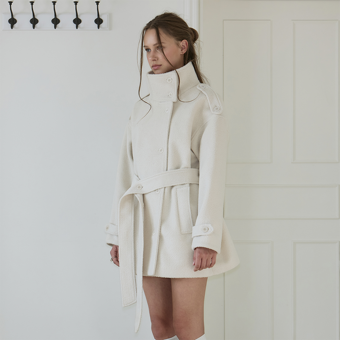 로제프란츠 벨티드 퍼널넥 울 하프 코트 [아이보리](Rosefrantz Belted Funnel-Neck Wool Half Coat [Ivory]) - 4