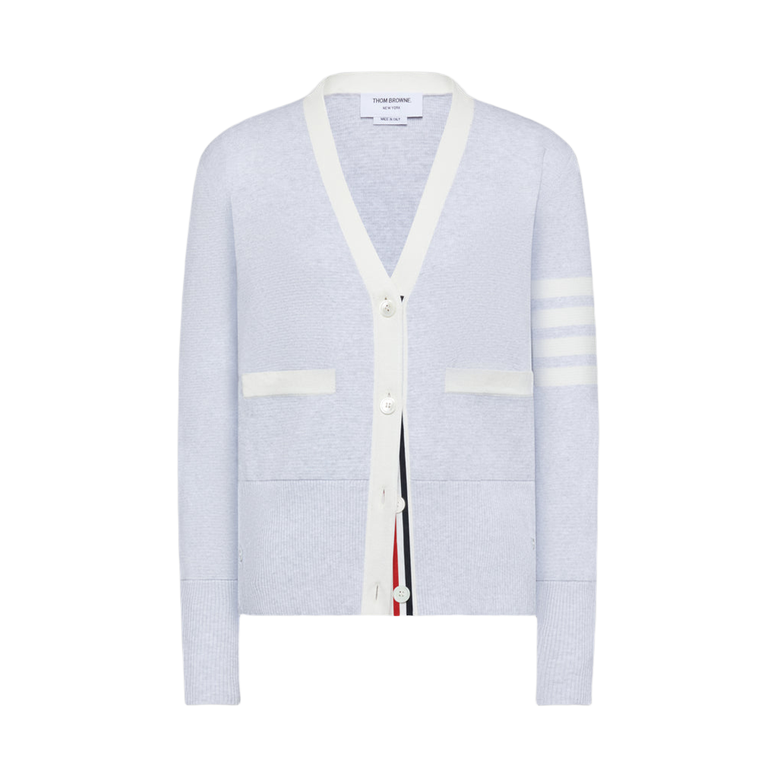FKC207B 00219 050 26S [15% 쿠폰] (W) Thom Browne Classic Milano Wool 4-Bar V-Neck Cardigan Pale Grey
