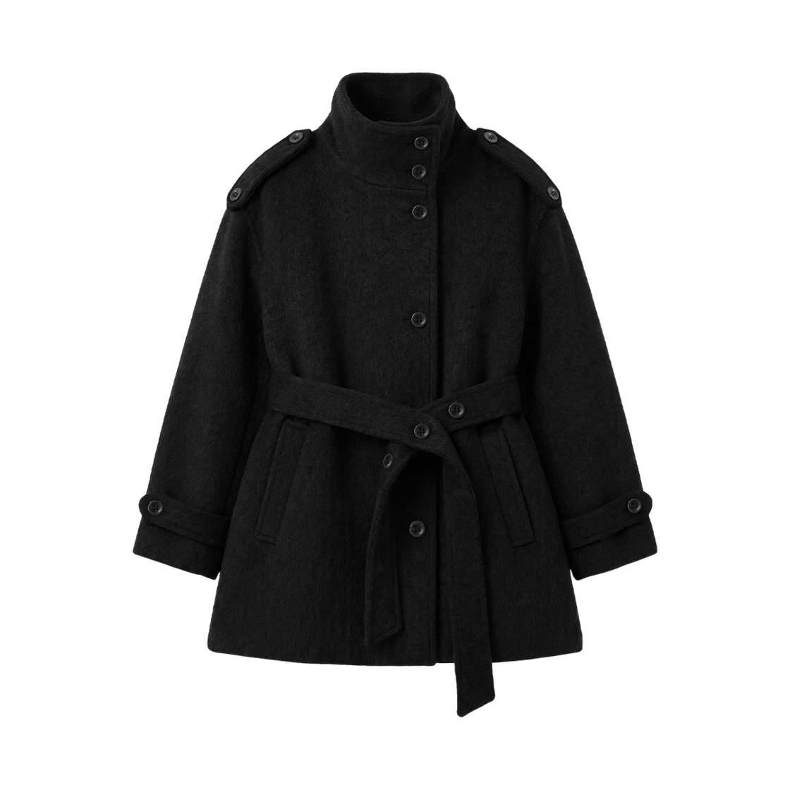 RS26WCT101BLK Rosefrantz Belted Funnel-Neck Wool Half Coat [Black]