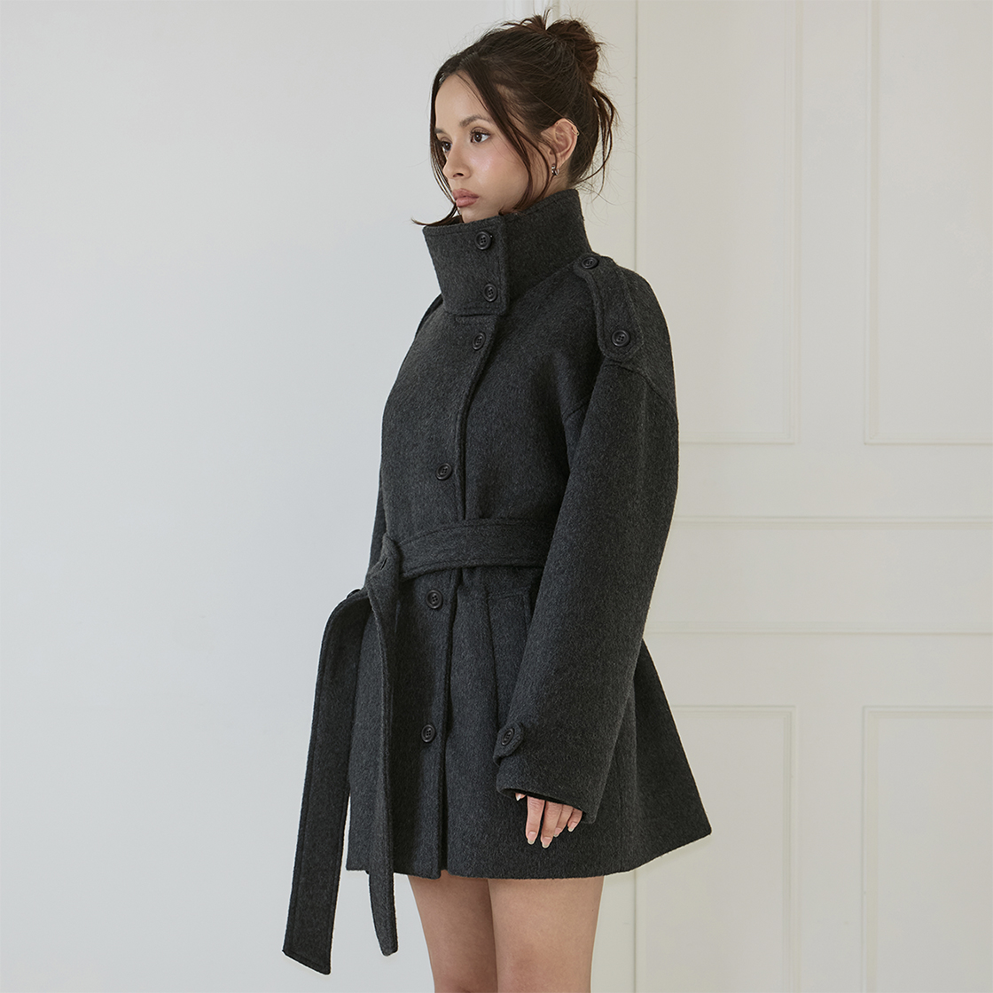 로제프란츠 벨티드 퍼널넥 울 하프 코트 [차콜](Rosefrantz Belted Funnel-Neck Wool Half Coat [Charcoal]) - 4