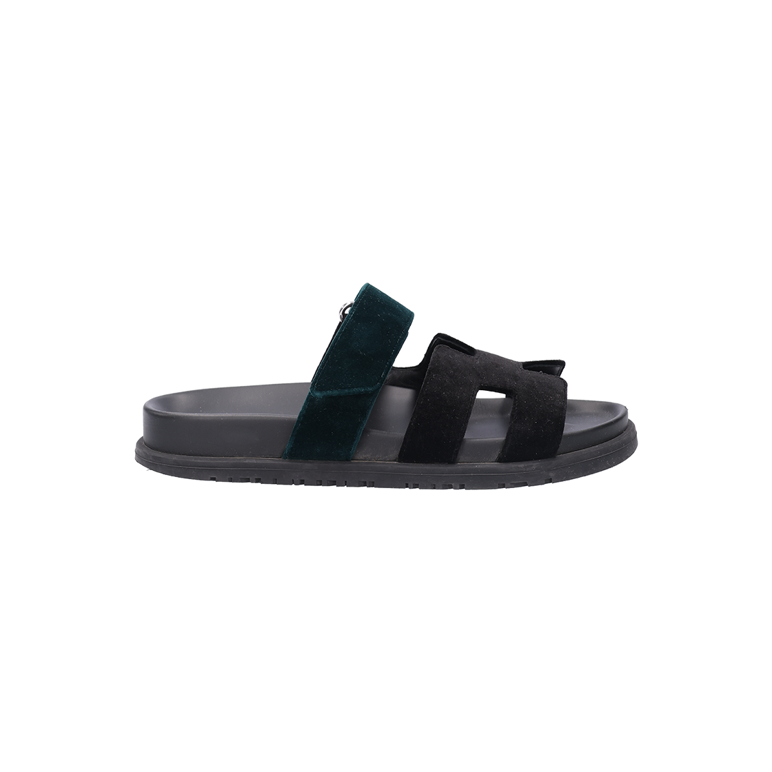 IT9JHSKQOWMJ Hermes Cifre Sandals Velvet Noir & Vert Mousse