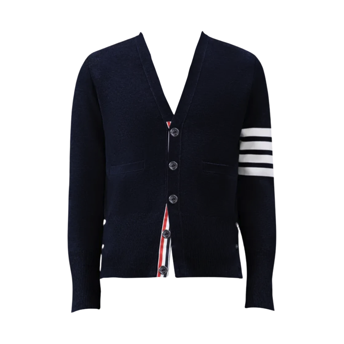 MKC160A 00014 415 25F [15% 쿠폰] Thom Browne Milano Stitch Fine Merino Wool 4-Bar V-Neck Cardigan Navy