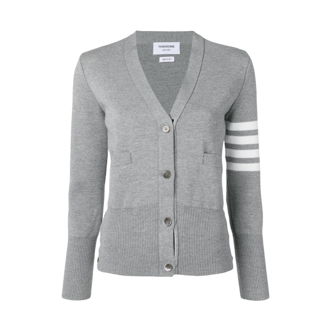 FKC207A 00014 055 25S [15% 쿠폰] (W) Thom Browne Fine Merino Wool Milano Stitch 4-Bar Classic V-Neck Cardigan Light Grey