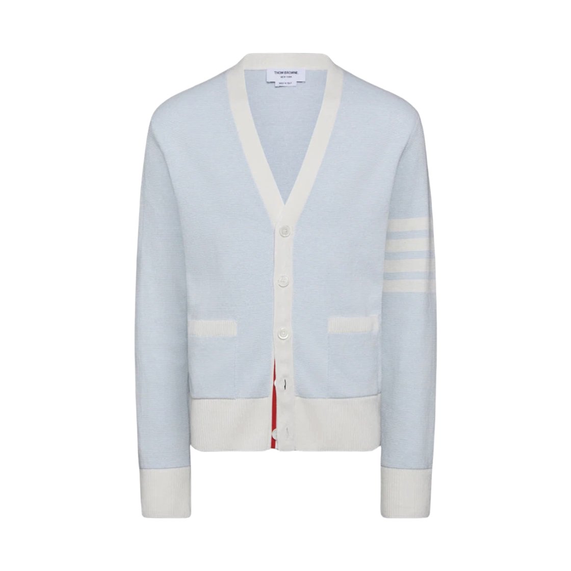 MKC595A Y6011 480 25F [15% 쿠폰] Thom Browne Textured Striped Stitch 4-Bar Relaxed Fit V Neck Cardigan Light Blue