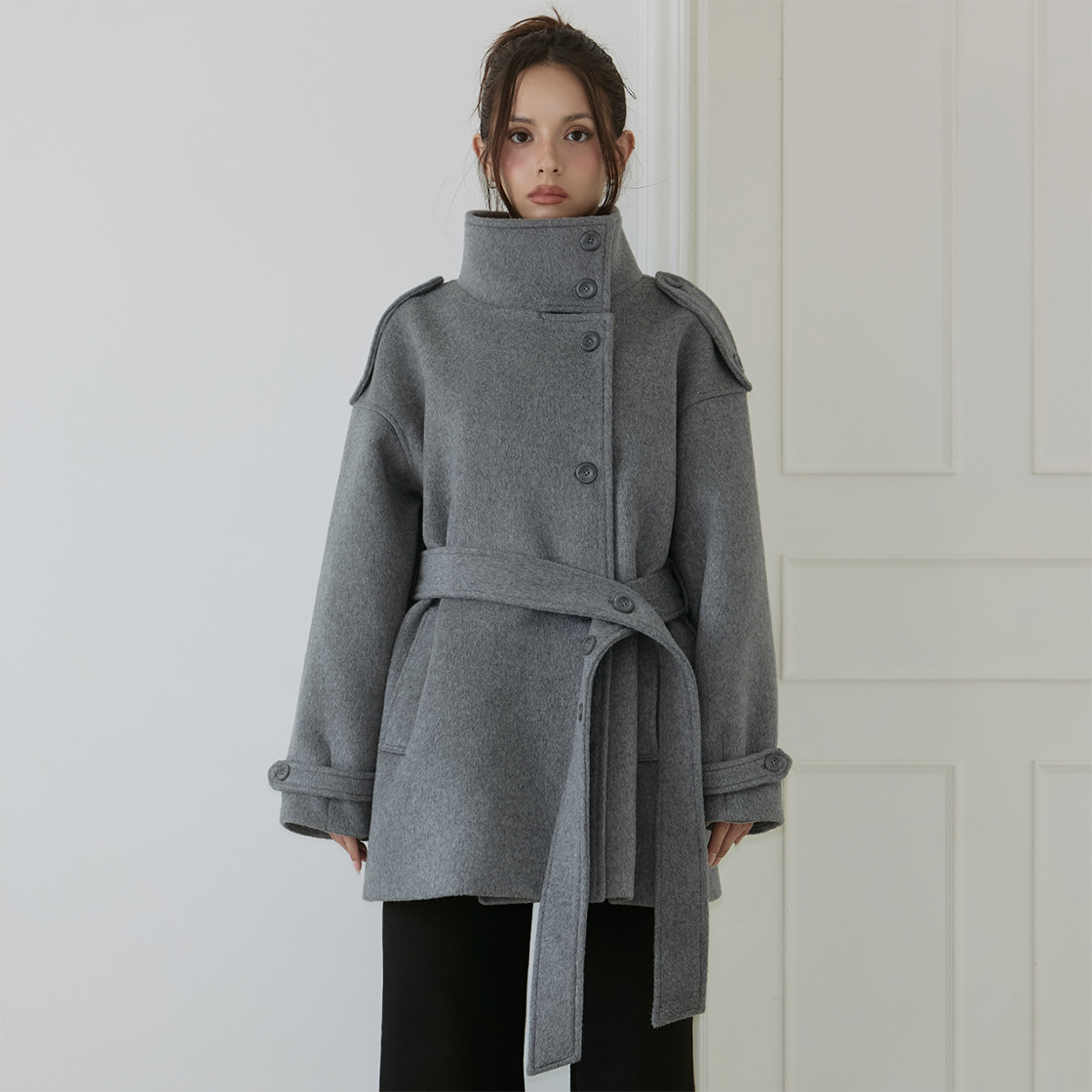 로제프란츠 벨티드 퍼널넥 울 하프 코트 [그레이](Rosefrantz Belted Funnel-Neck Wool Half Coat [Gray]) - 2