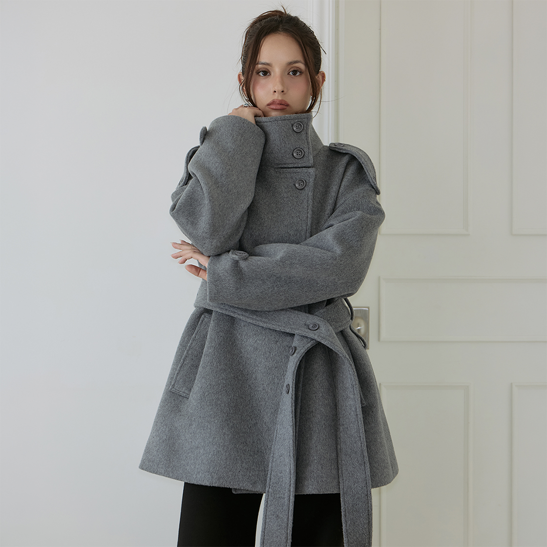 로제프란츠 벨티드 퍼널넥 울 하프 코트 [그레이](Rosefrantz Belted Funnel-Neck Wool Half Coat [Gray]) - 3
