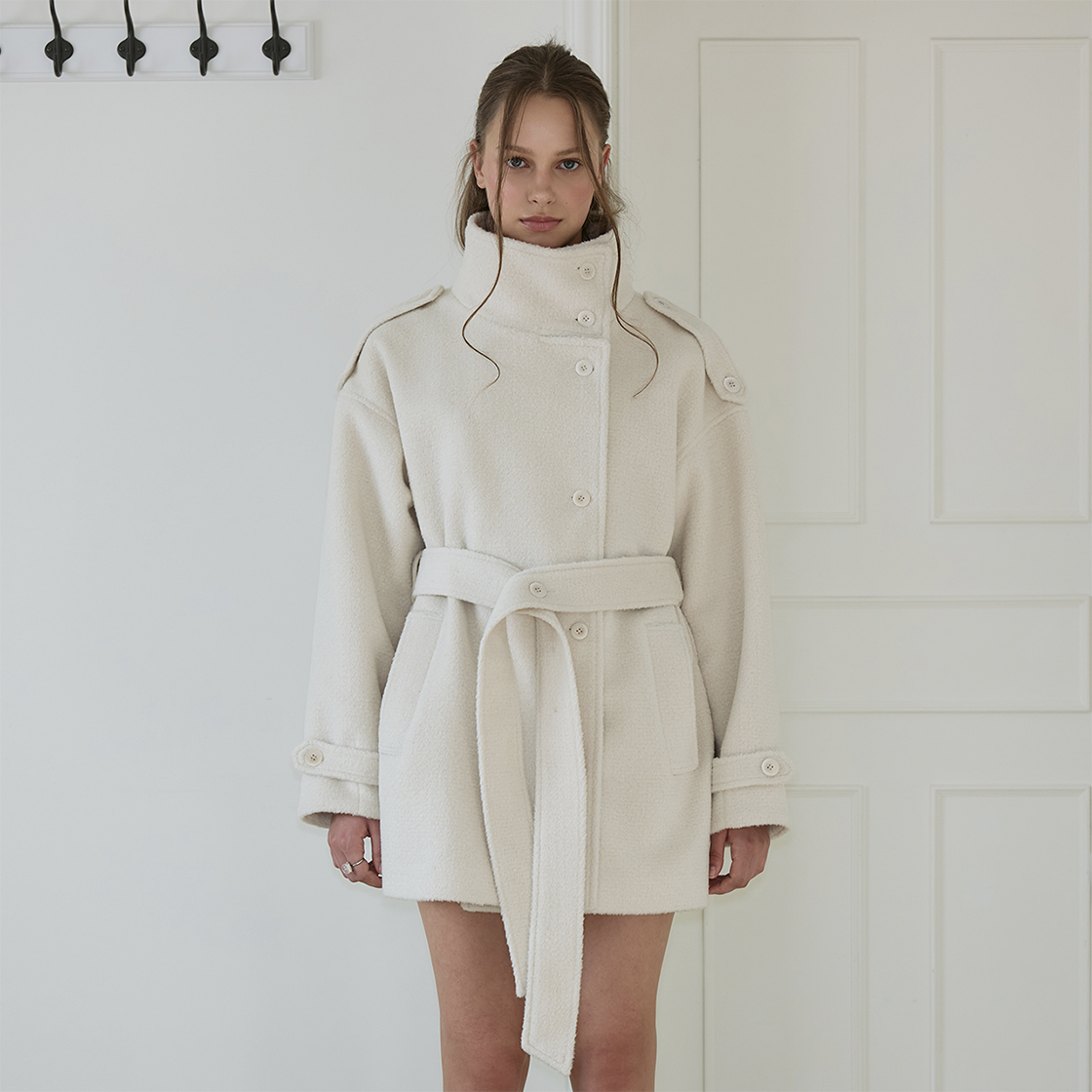 로제프란츠 벨티드 퍼널넥 울 하프 코트 [아이보리](Rosefrantz Belted Funnel-Neck Wool Half Coat [Ivory]) - 3